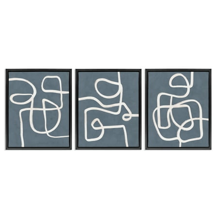 Stupell Industries Squiggles on Grey Abstract Painting Black Floater Framed Canvas Art Print Wall Art, 17 x 21, Set of 3