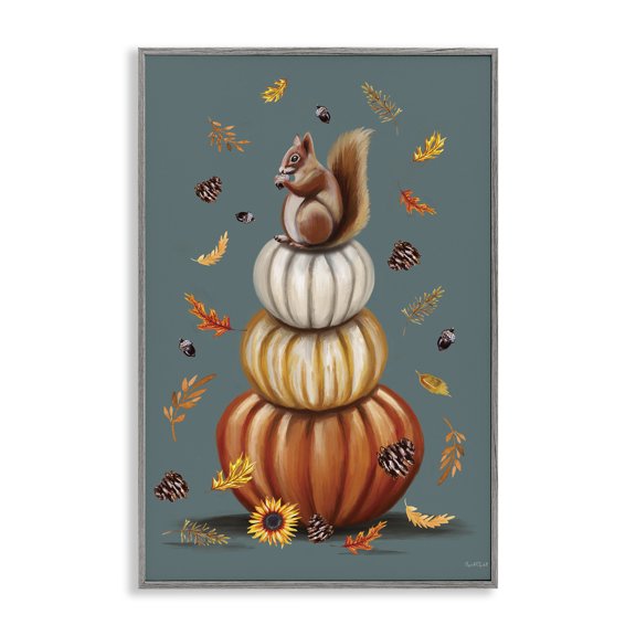 Stupell Industries Squirrel Atop Pumpkin Stack Animals Painting Gray Framed Art Print Wall Art, 20 x 30