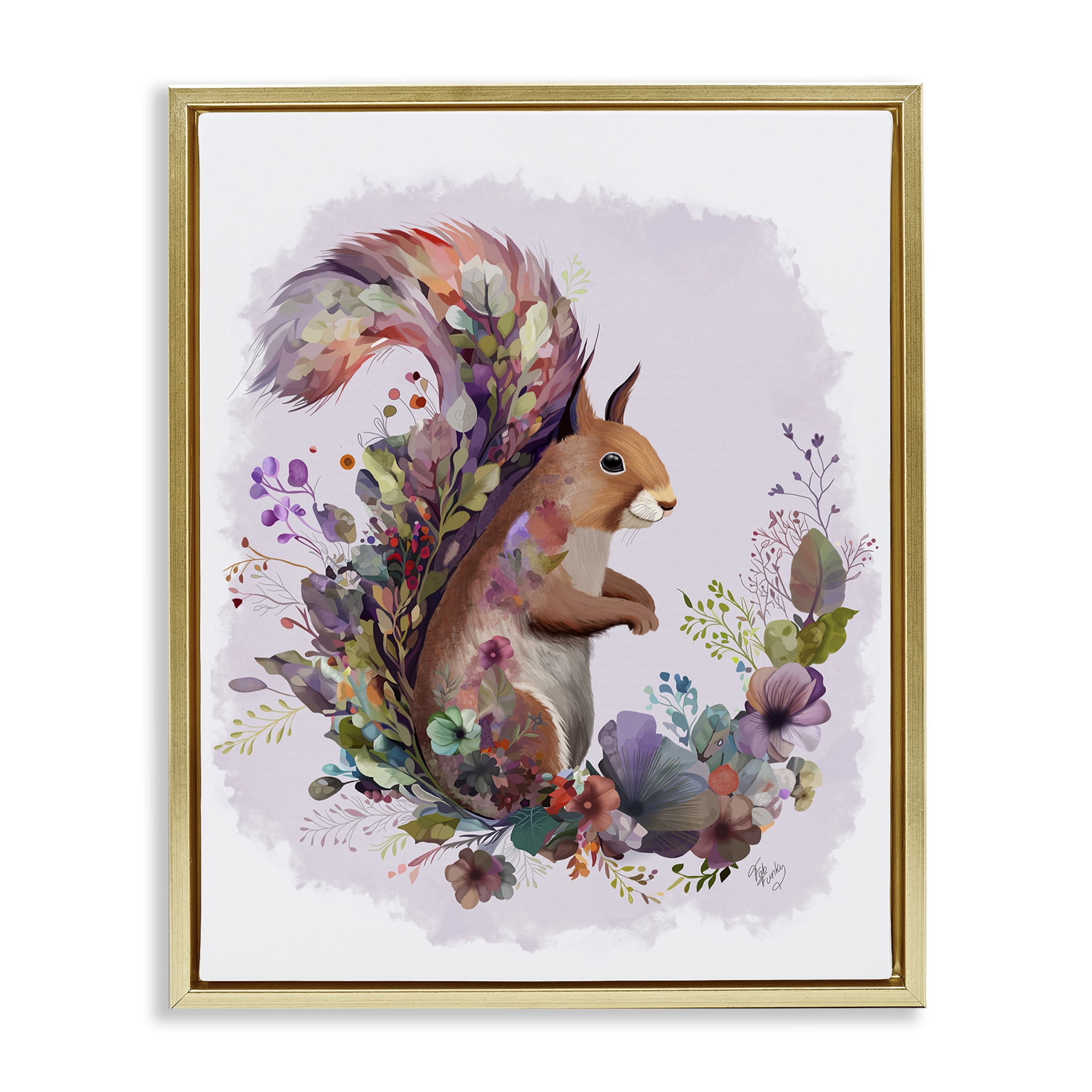 Stupell Industries Squirrel & Floral Garland Animals & Insects Painting Gold Floater Framed Canvas Art Print Wall Art, 25 x 31