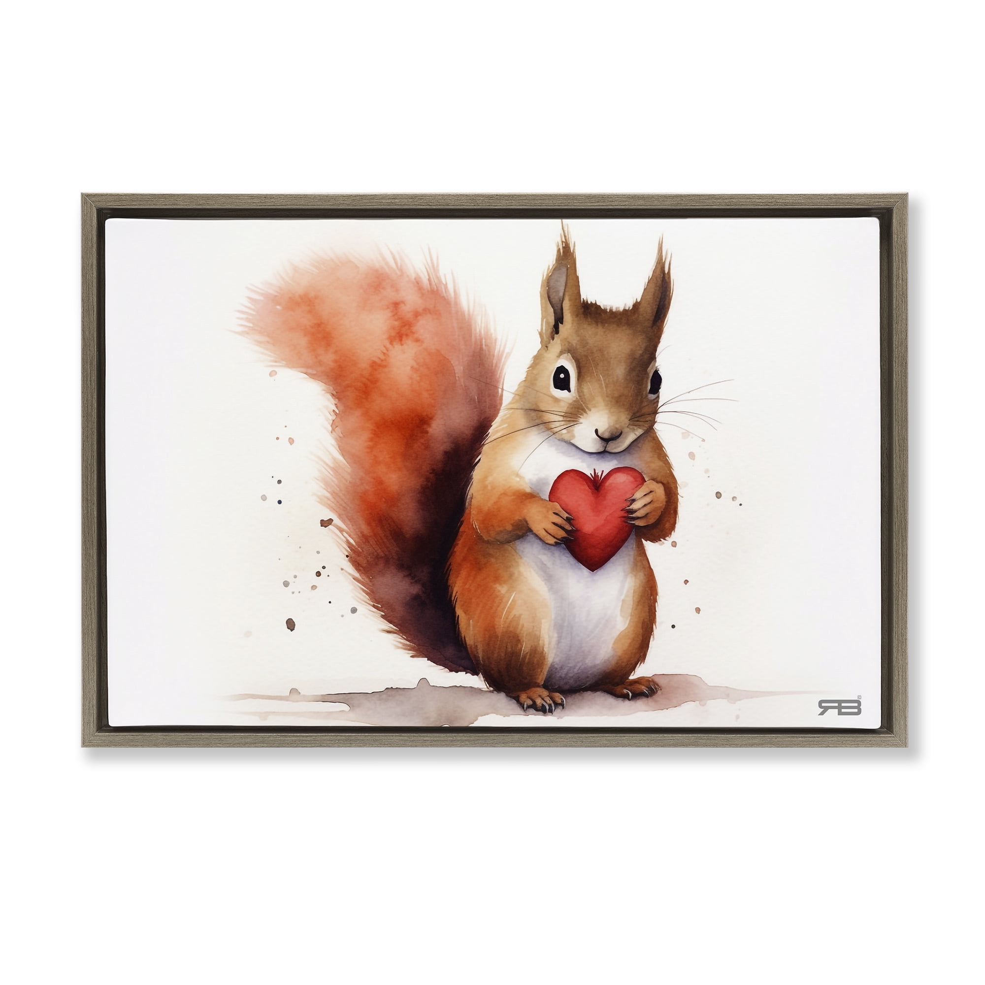 Stupell Industries Squirrel Holding Heart Animals & Insects Painting Brown Floater Framed Canvas Art Print Wall Art, 31 x 21