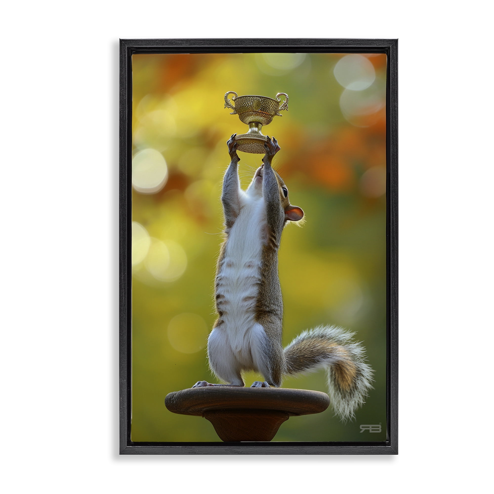 Stupell Industries Squirrel Holding Trophy Novelty Painting Black Floater Framed Art Print Wall Art, 17 x 25