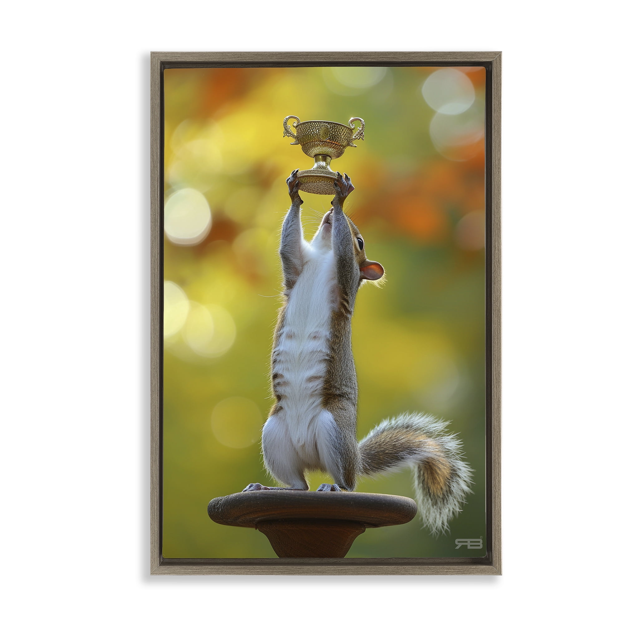 Stupell Industries Squirrel Holding Trophy Novelty Painting Brown Floater Framed Art Print Wall Art, 17 x 25