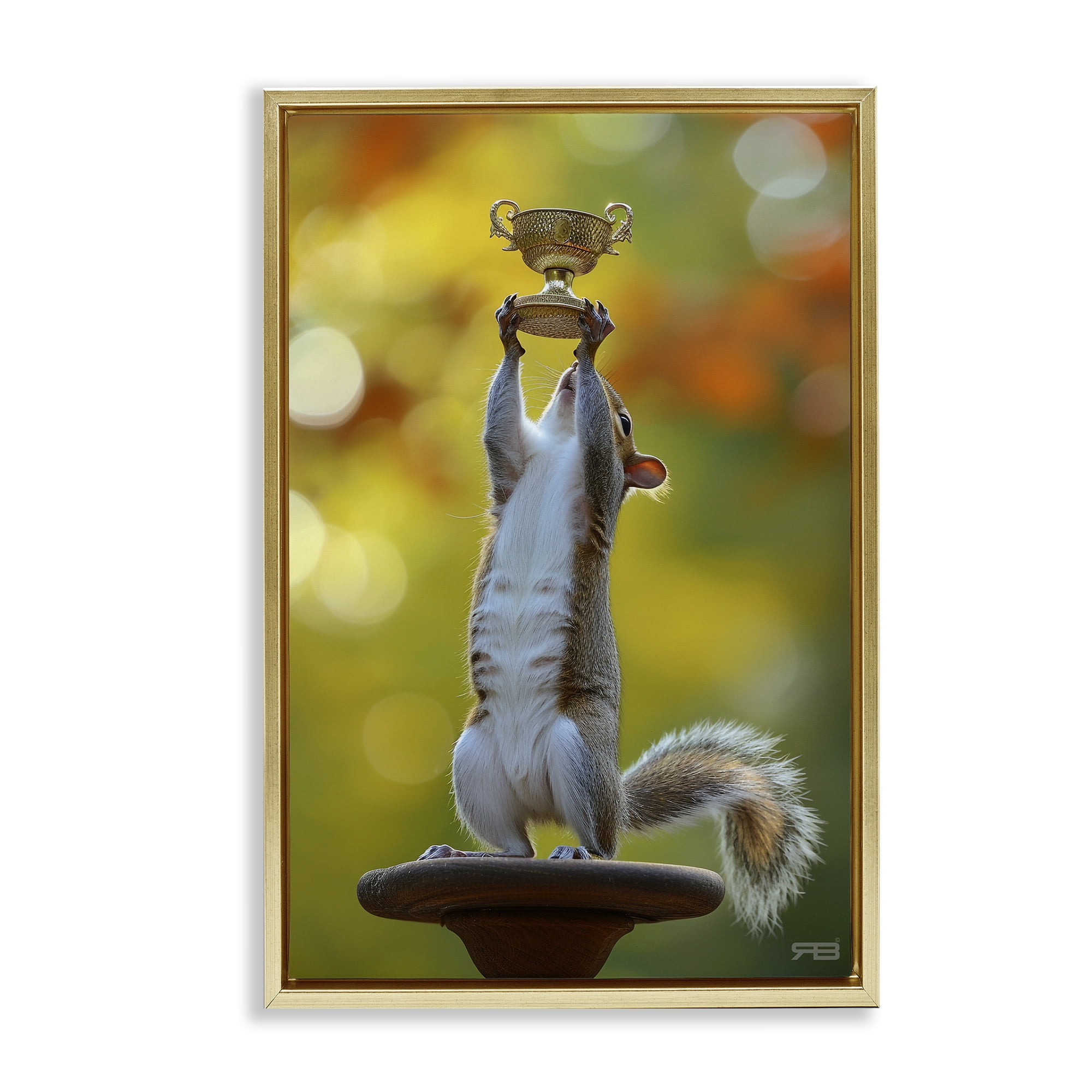 Stupell Industries Squirrel Holding Trophy Novelty Painting Gold Floater Framed Art Print Wall Art, 17 x 25