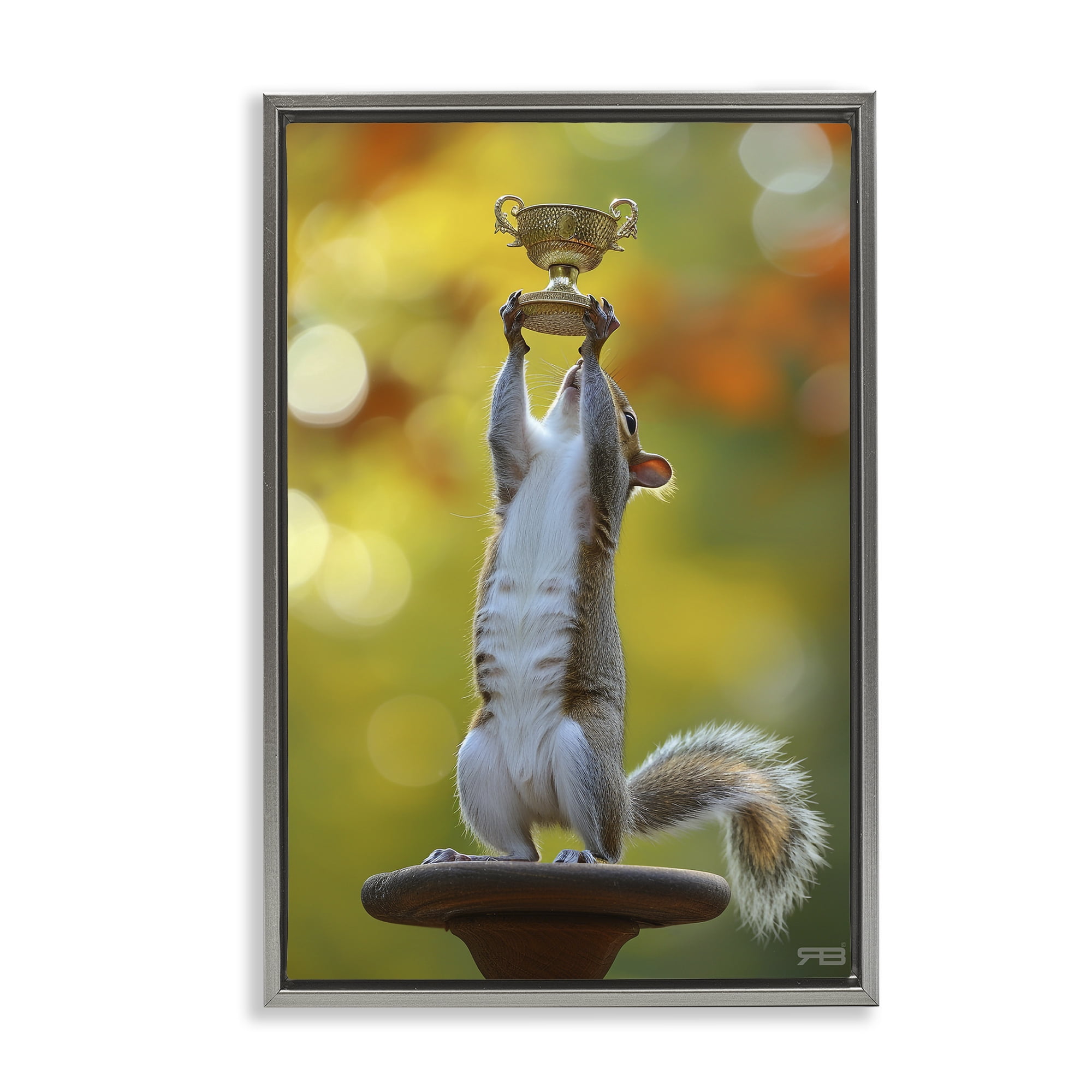 Stupell Industries Squirrel Holding Trophy Novelty Painting Gray Floater Framed Art Print Wall Art, 17 x 25