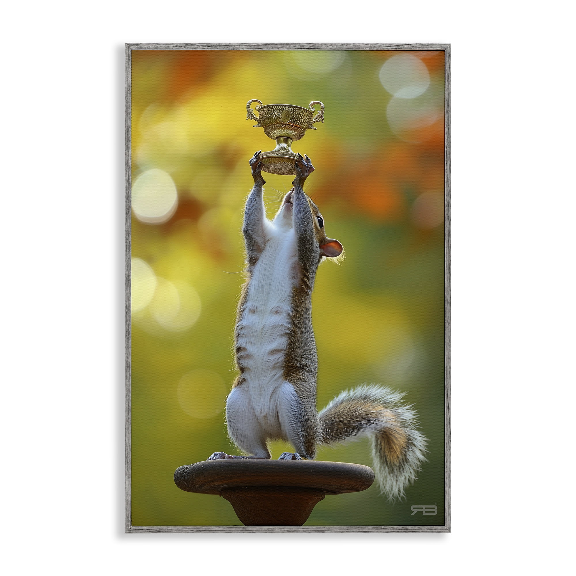 Stupell Industries Squirrel Holding Trophy Novelty Painting Gray Framed Art Print Wall Art, 20 x 30