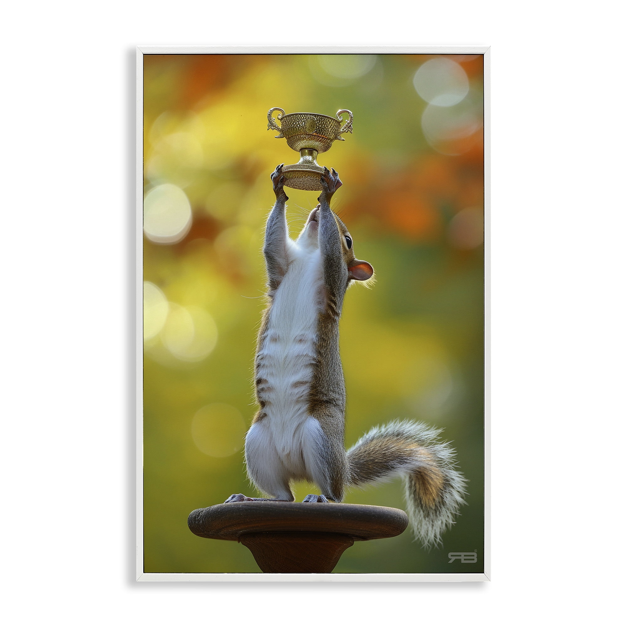 Stupell Industries Squirrel Holding Trophy Novelty Painting White Framed Art Print Wall Art, 20 x 30
