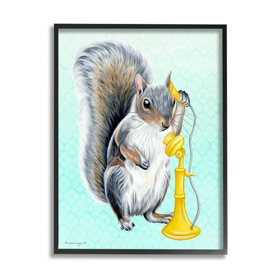 Stupell Industries Squirrel Talking Yellow Candlestick Telephone Patterned Shapes Graphic Art Black Framed Art Print Wall Art, Design by Amelie Legault