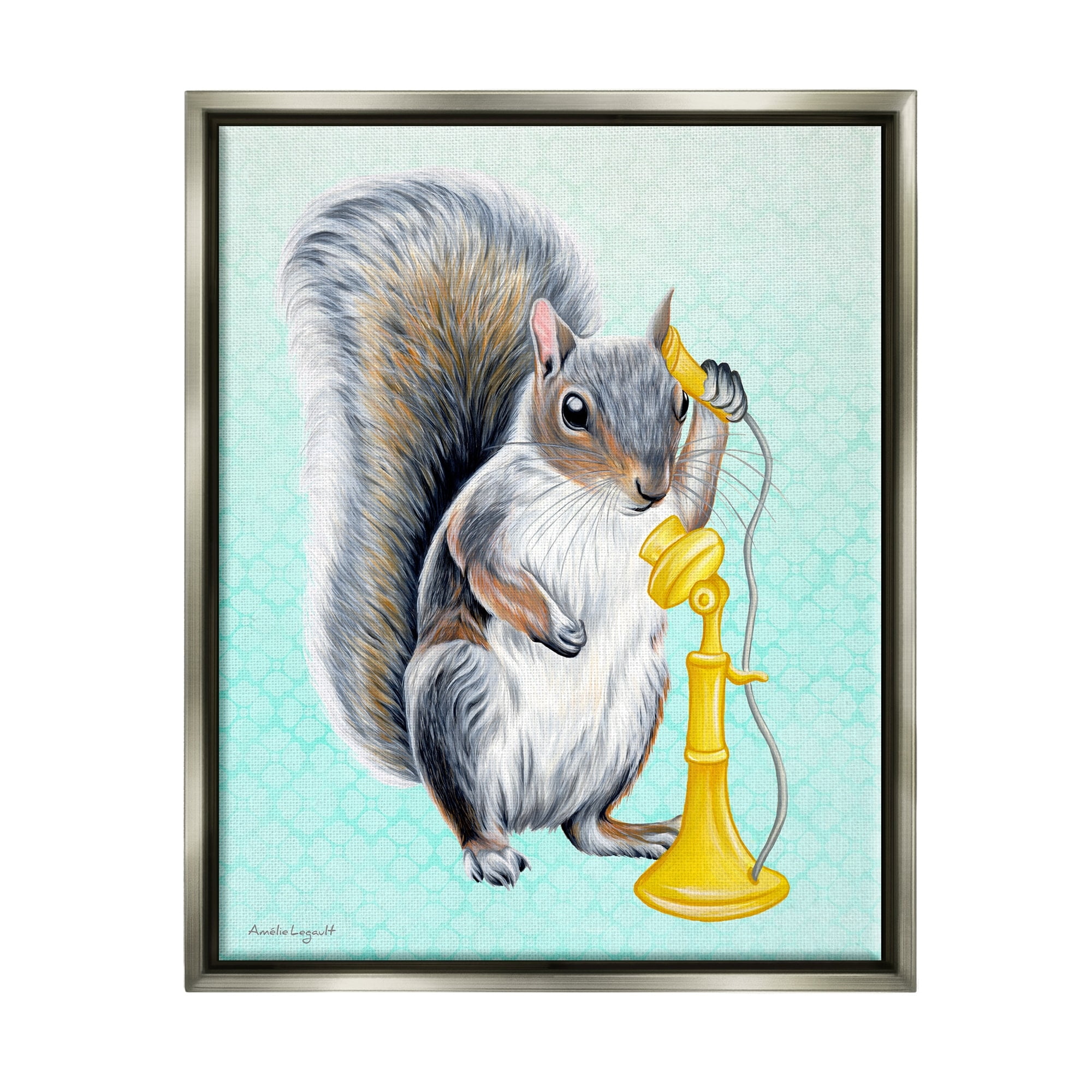 Stupell Industries Squirrel Talking Yellow Candlestick Telephone Patterned Shapes Graphic Art Luster Gray Floating Framed Canvas Print Wall Art, Design by Amelie Legault