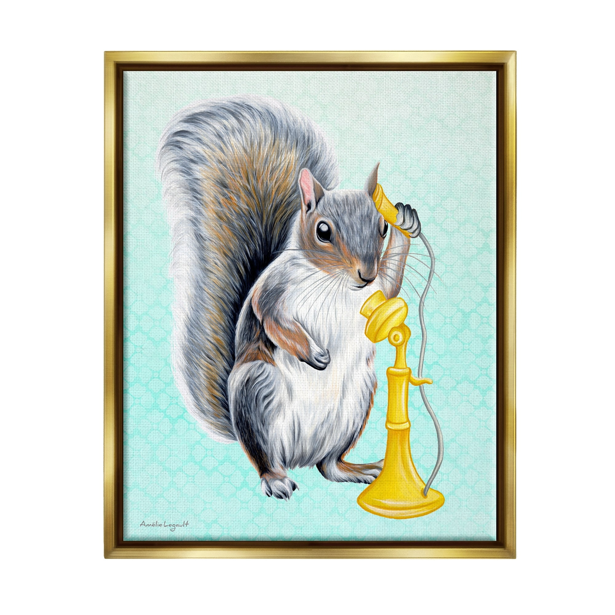 Stupell Industries Squirrel Talking Yellow Candlestick Telephone Patterned Shapes Graphic Art Metallic Gold Floating Framed Canvas Print Wall Art, Design by Amelie Legault