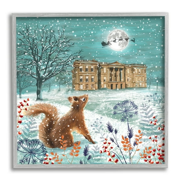 Stupell Industries Squirrel Watching Santa Claus Holiday Painting Gray Framed Art Print Wall Art