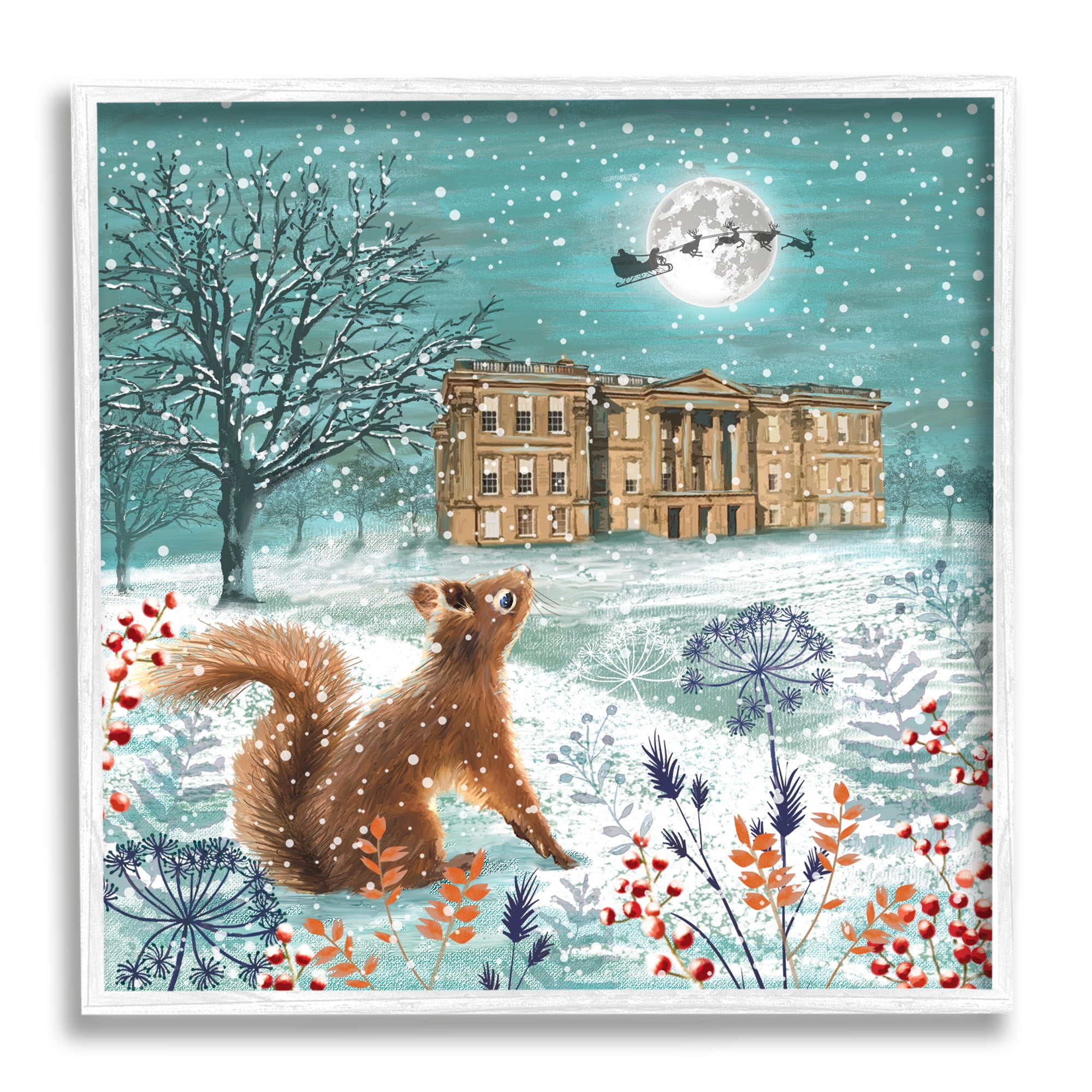 Stupell Industries Squirrel Watching Santa Claus Holiday Painting White Framed Art Print Wall Art