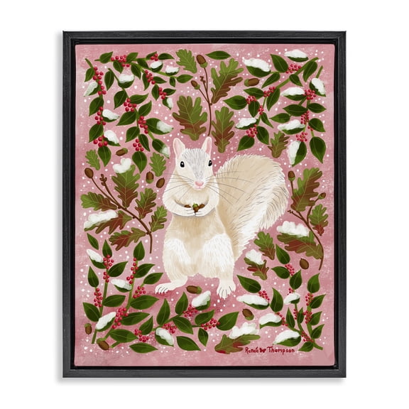 Stupell Industries Squirrel & Winter Holly Animals Painting Black Floater Framed Canvas Art Print Wall Art, 17 x 21