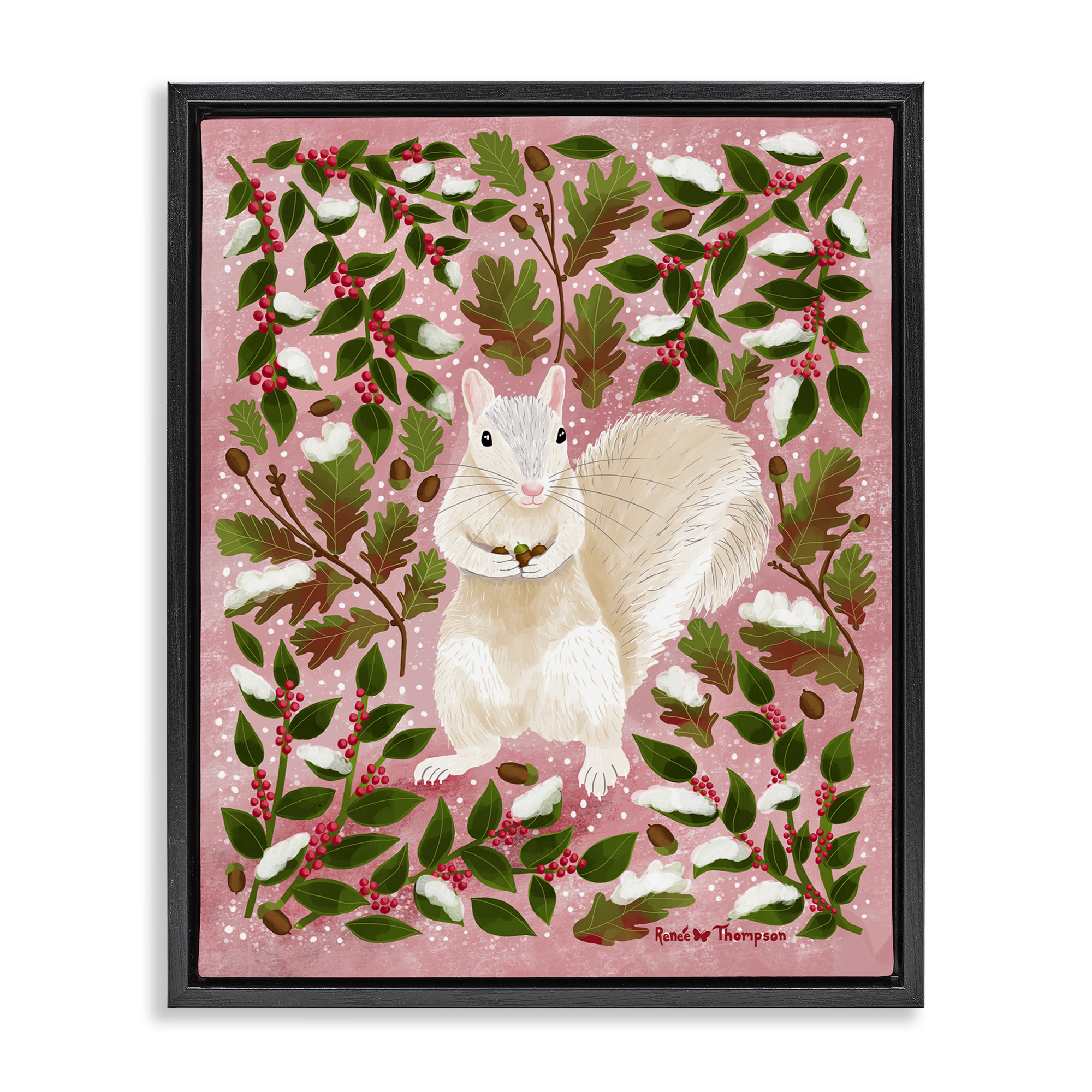 Stupell Industries Squirrel & Winter Holly Animals Painting Black Floater Framed Canvas Art Print Wall Art, 25 x 31