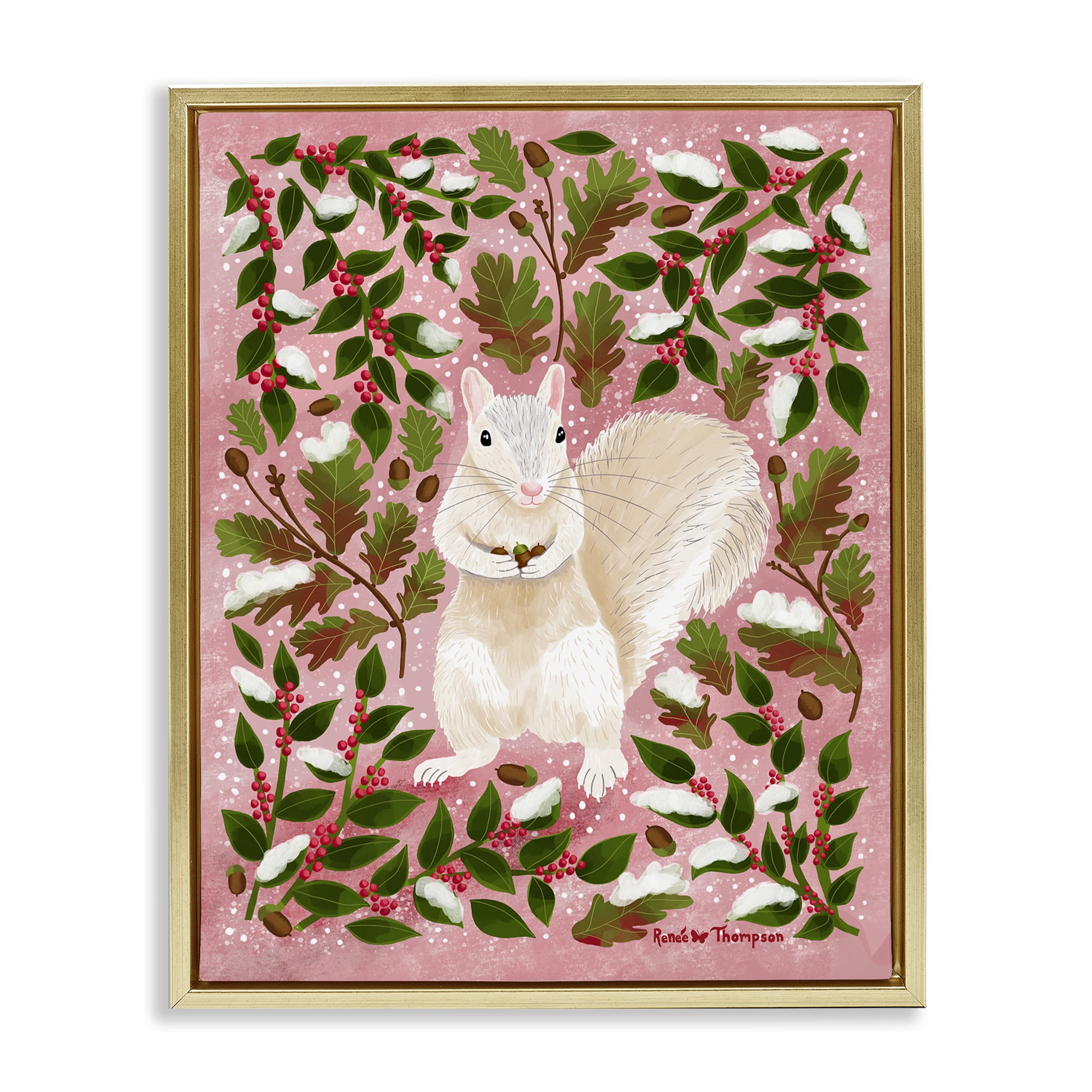 Stupell Industries Squirrel & Winter Holly Animals Painting Gold Floater Framed Canvas Art Print Wall Art, 25 x 31