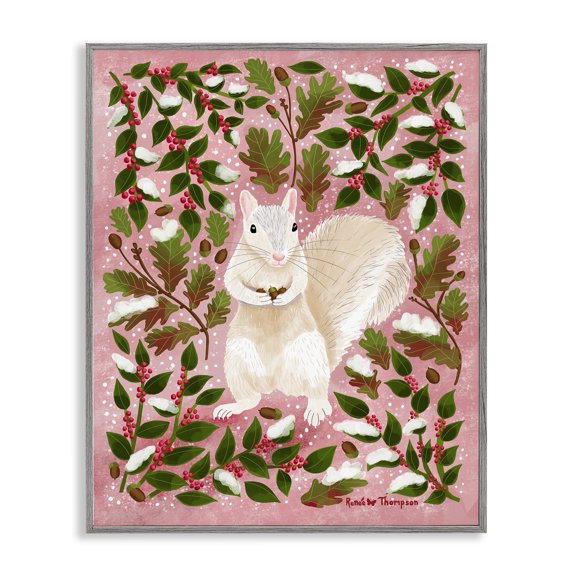 Stupell Industries Squirrel & Winter Holly Animals Painting Gray Framed Art Print Wall Art, 11 x 14