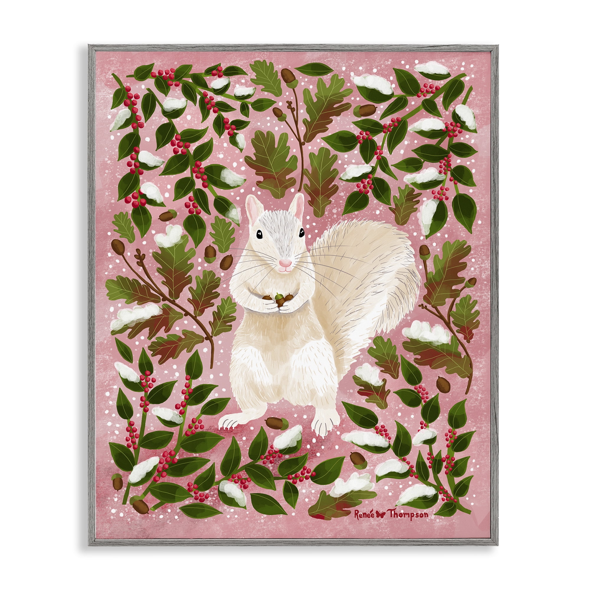 Stupell Industries Squirrel & Winter Holly Animals Painting Gray Framed Art Print Wall Art, 16 x 20