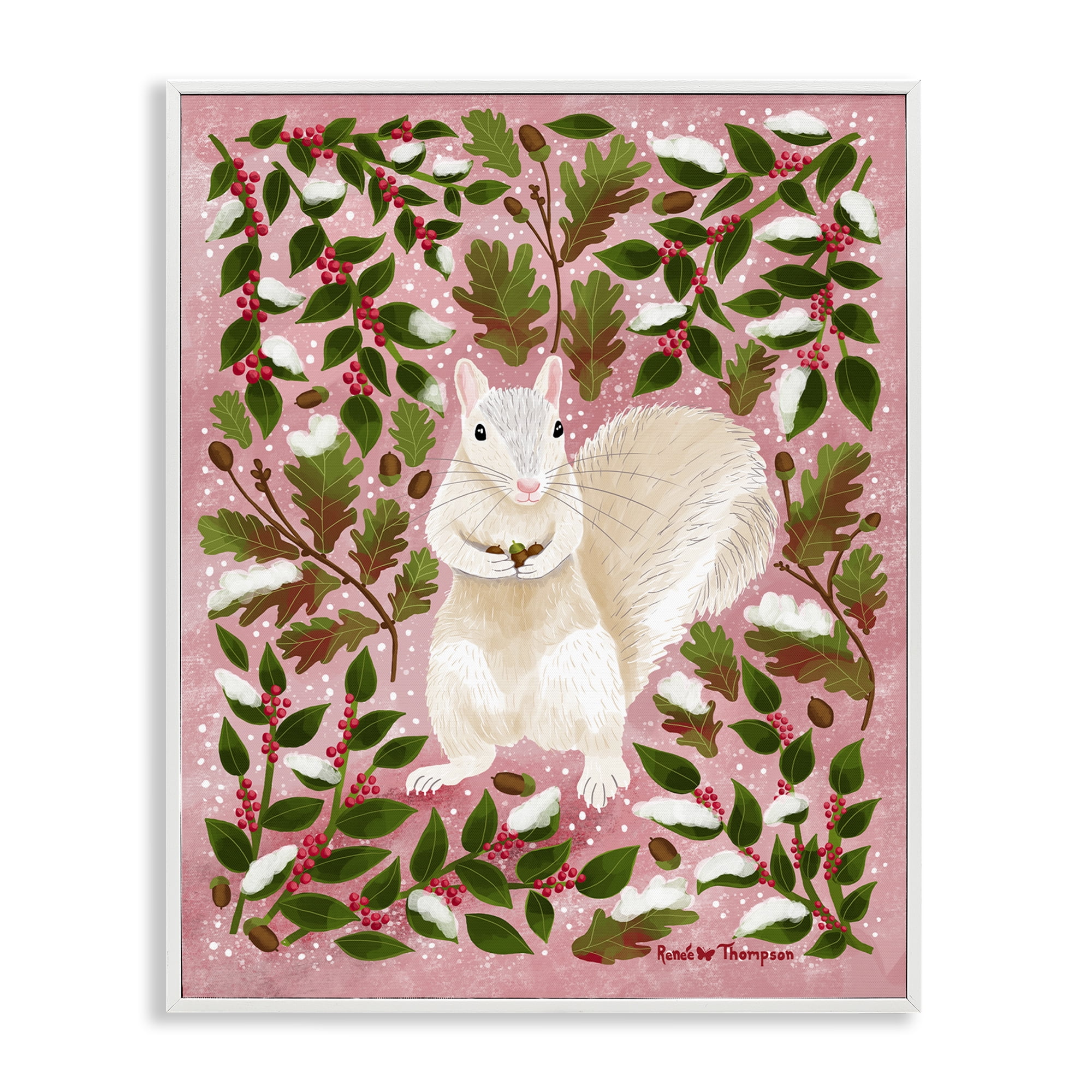 Stupell Industries Squirrel & Winter Holly Animals Painting White Framed Art Print Wall Art, 11 x 14