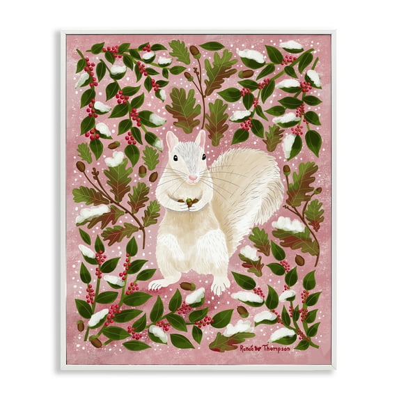 Stupell Industries Squirrel & Winter Holly Animals Painting White Framed Art Print Wall Art, 11 x 14