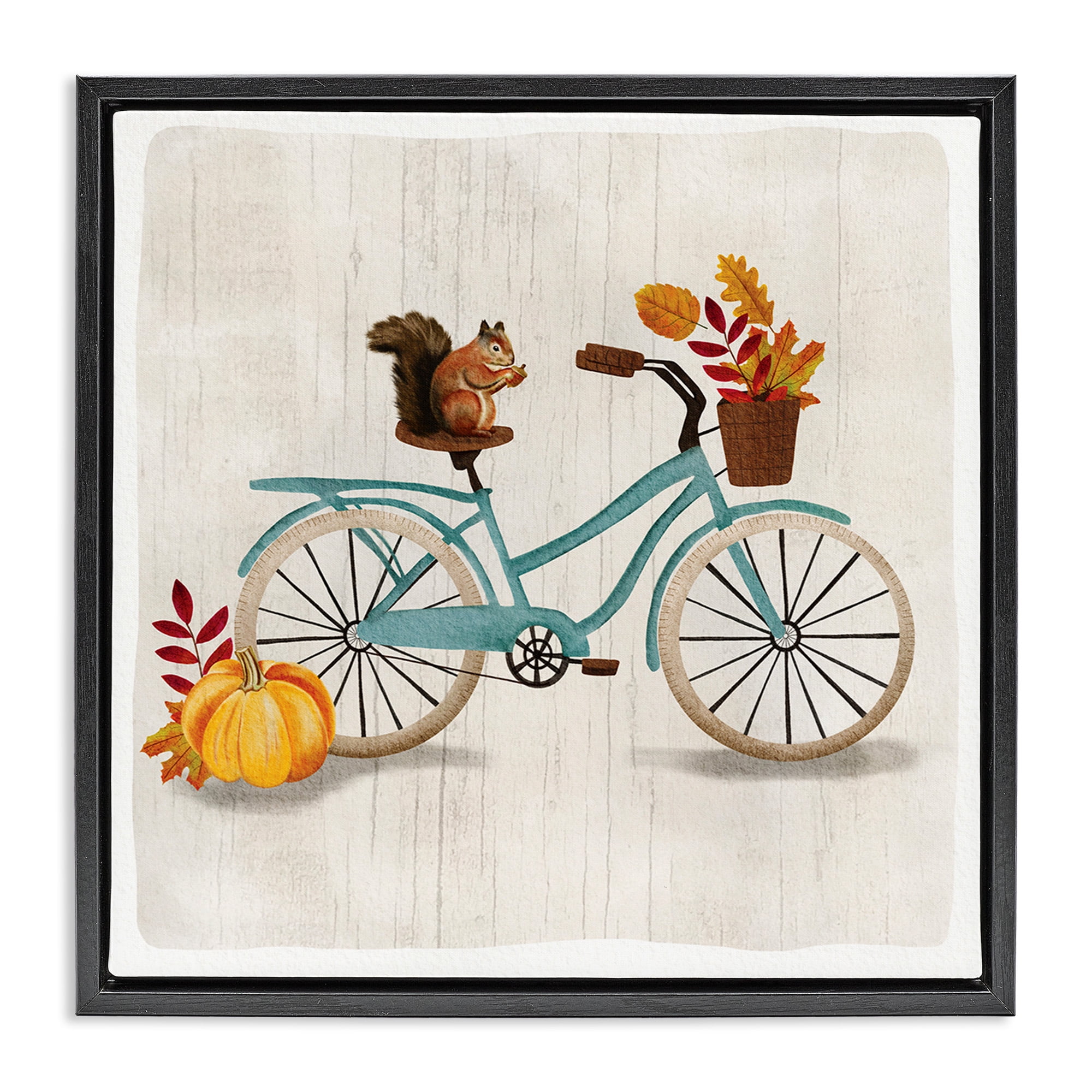 Stupell Industries Squirrel on Autumnal Bicycle Animals & Insects Painting Black Floater Framed Canvas Art Print Wall Art, 18 x 18