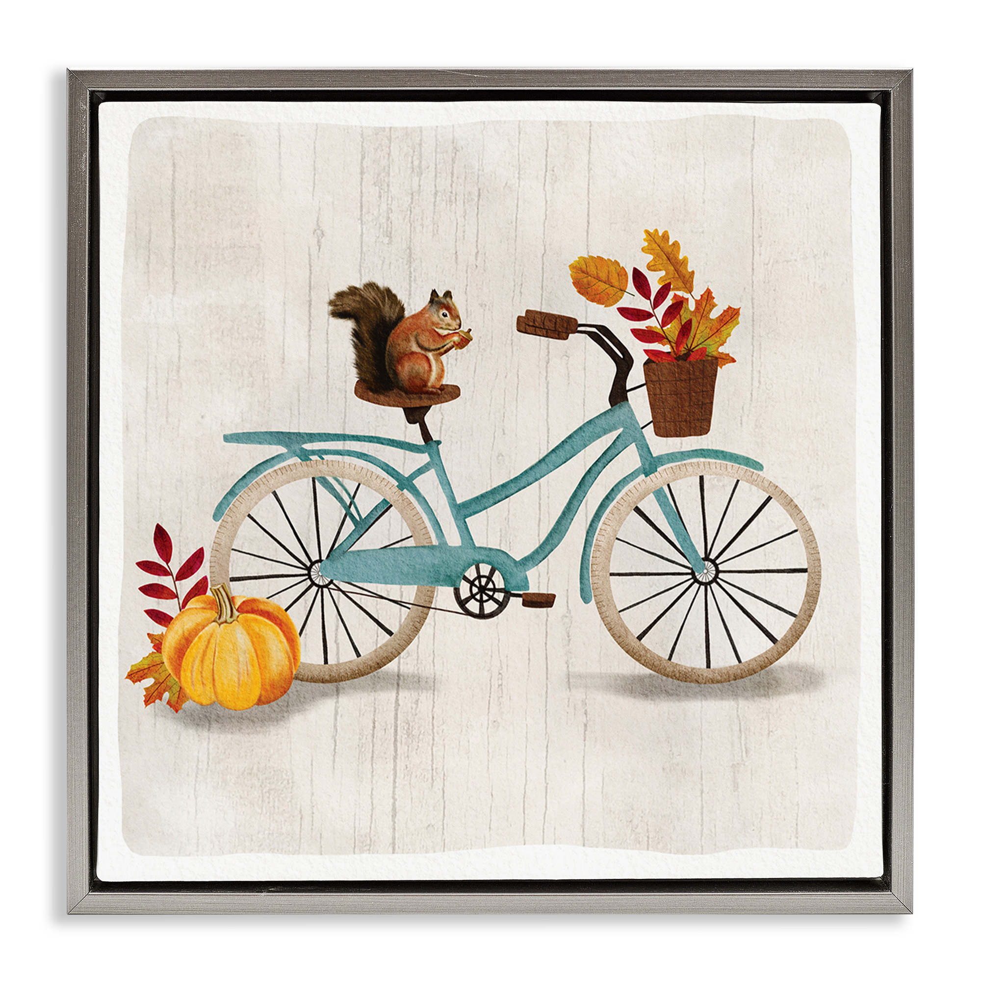 Stupell Industries Squirrel on Autumnal Bicycle Animals & Insects Painting Gray Floater Framed Canvas Art Print Wall Art, 18 x 18