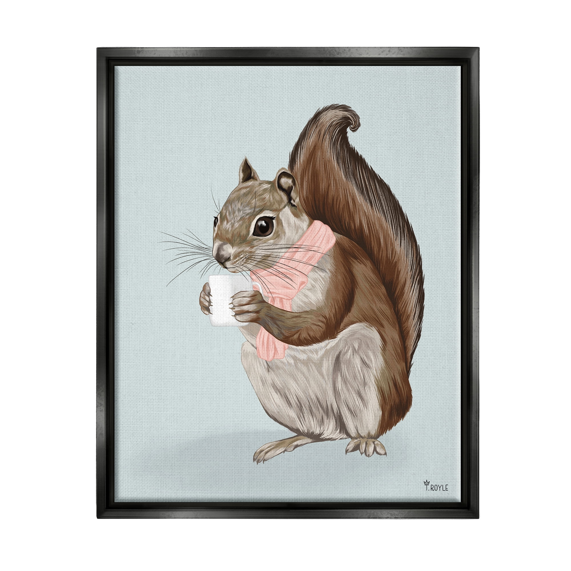 Stupell Industries Squirrel with Warm Mug Animals & Insects Painting Black Floater Framed Canvas Art Print Wall Art, 25 x 31