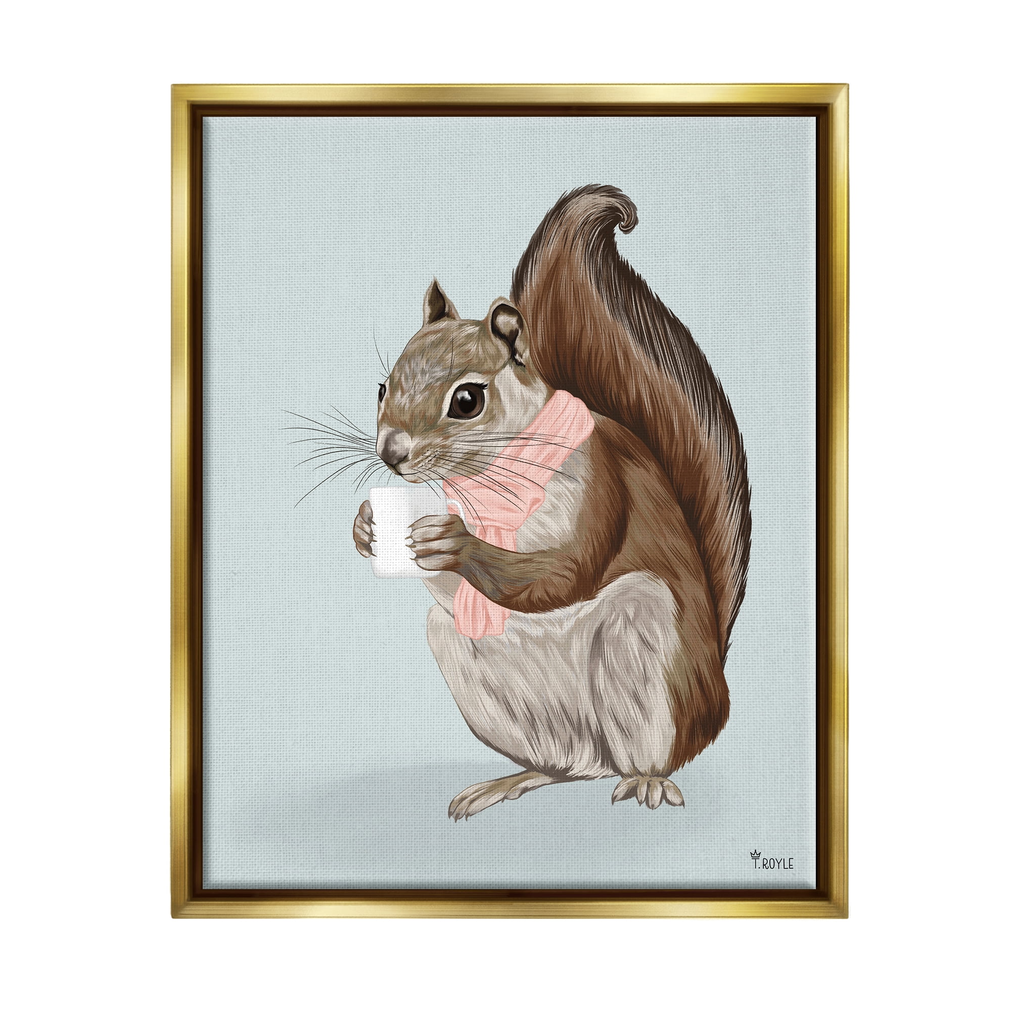 Stupell Industries Squirrel with Warm Mug Animals & Insects Painting Gold Floater Framed Canvas Art Print Wall Art, 17 x 21