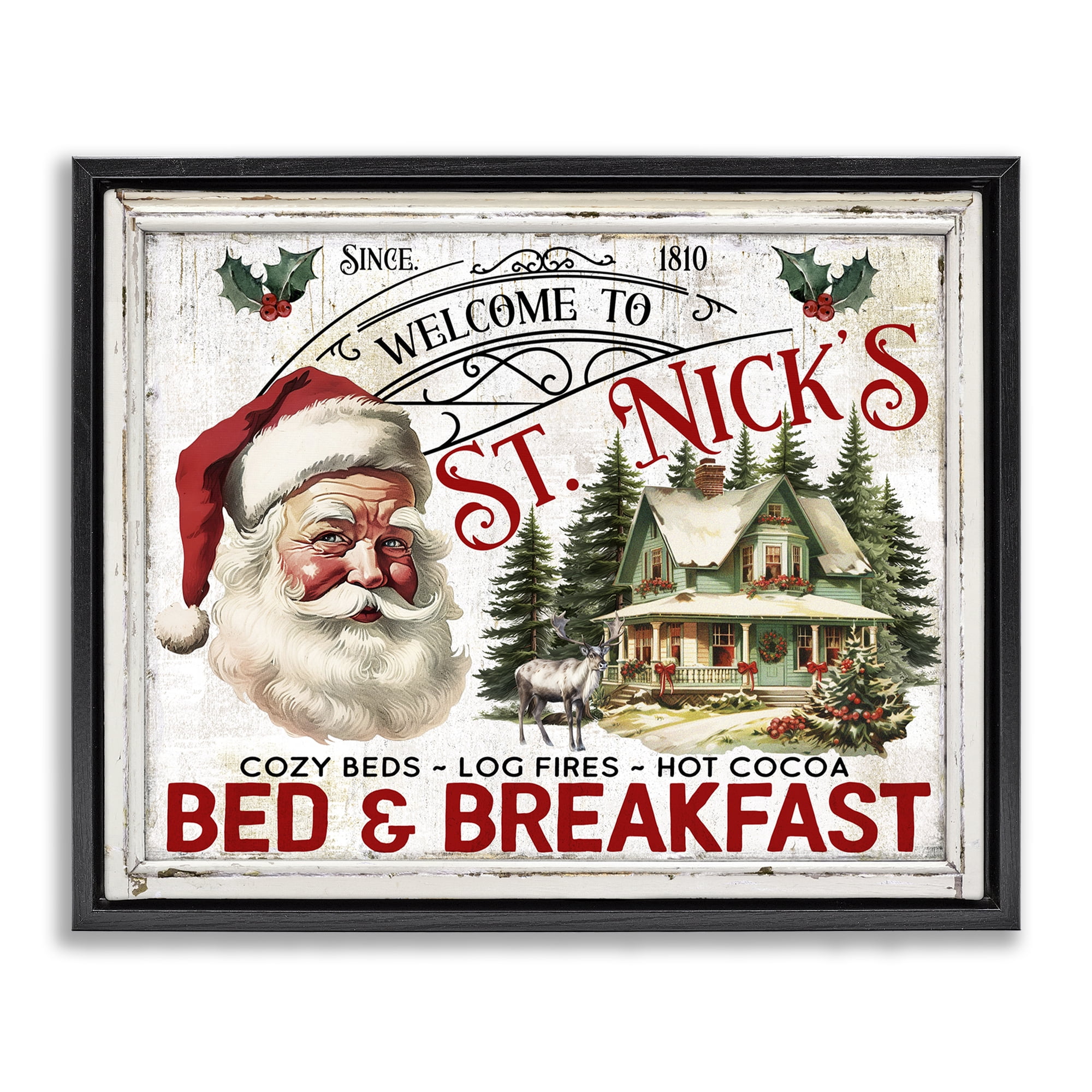 Stupell Industries St Nick's Bed & Breakfast Holiday Painting Black Floater Framed Canvas Art Prints Wall Art, 21 x 17