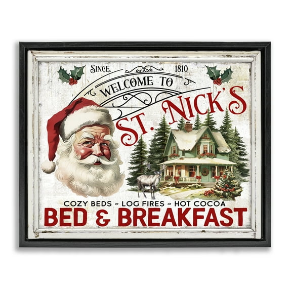 Stupell Industries St Nick's Bed & Breakfast Holiday Painting Black Floater Framed Canvas Art Prints Wall Art, 31 x 25