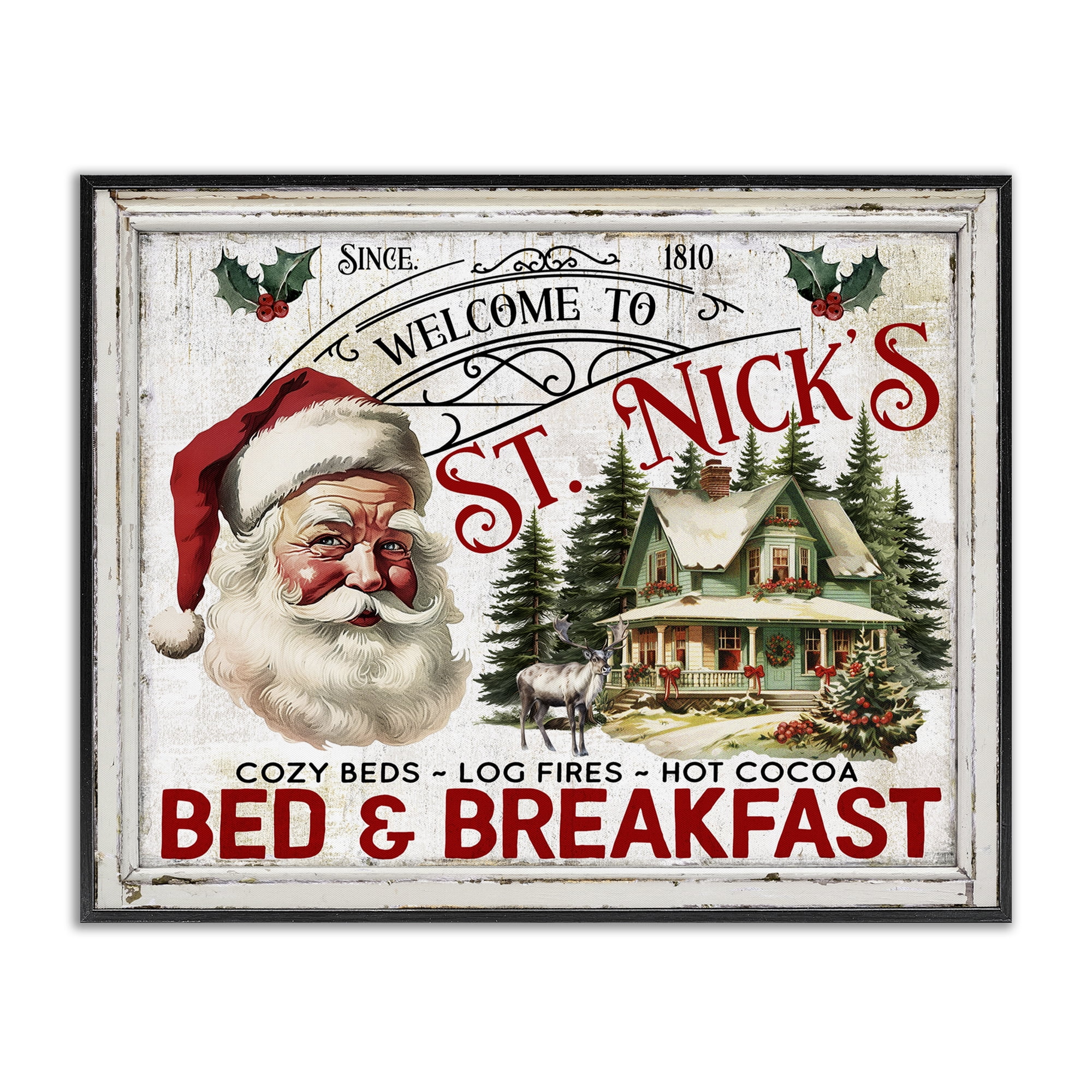 Stupell Industries St Nick's Bed & Breakfast Holiday Painting Black Framed Art Prints Wall Art, 30 x 24