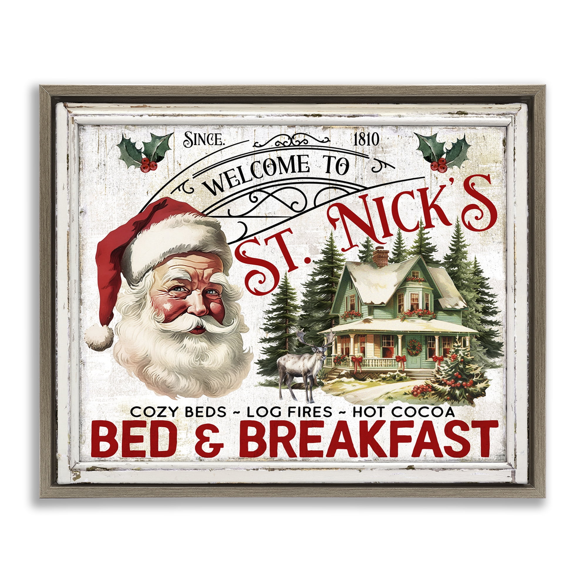 Stupell Industries St Nick's Bed & Breakfast Holiday Painting Brown Floater Framed Canvas Art Prints Wall Art, 31 x 25