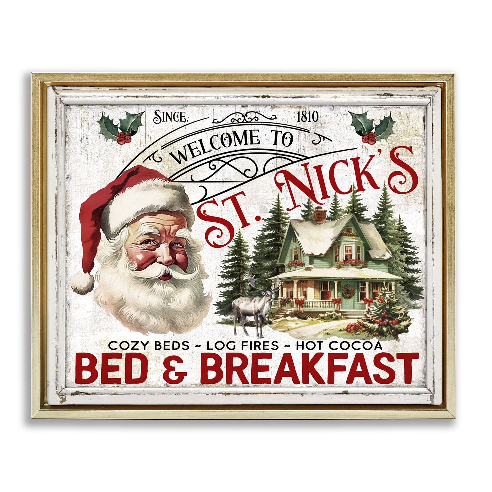 Stupell Industries St Nick's Bed & Breakfast Holiday Painting Gold Floater Framed Canvas Art Prints Wall Art, 21 x 17