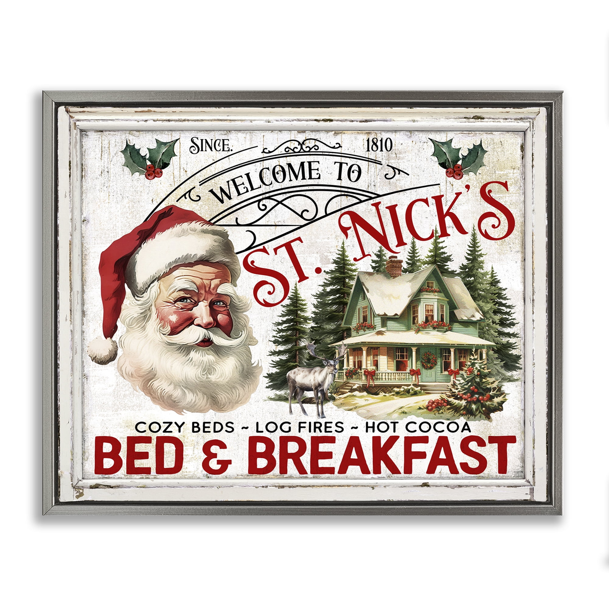 Stupell Industries St Nick's Bed & Breakfast Holiday Painting Gray Floater Framed Canvas Art Prints Wall Art, 31 x 25