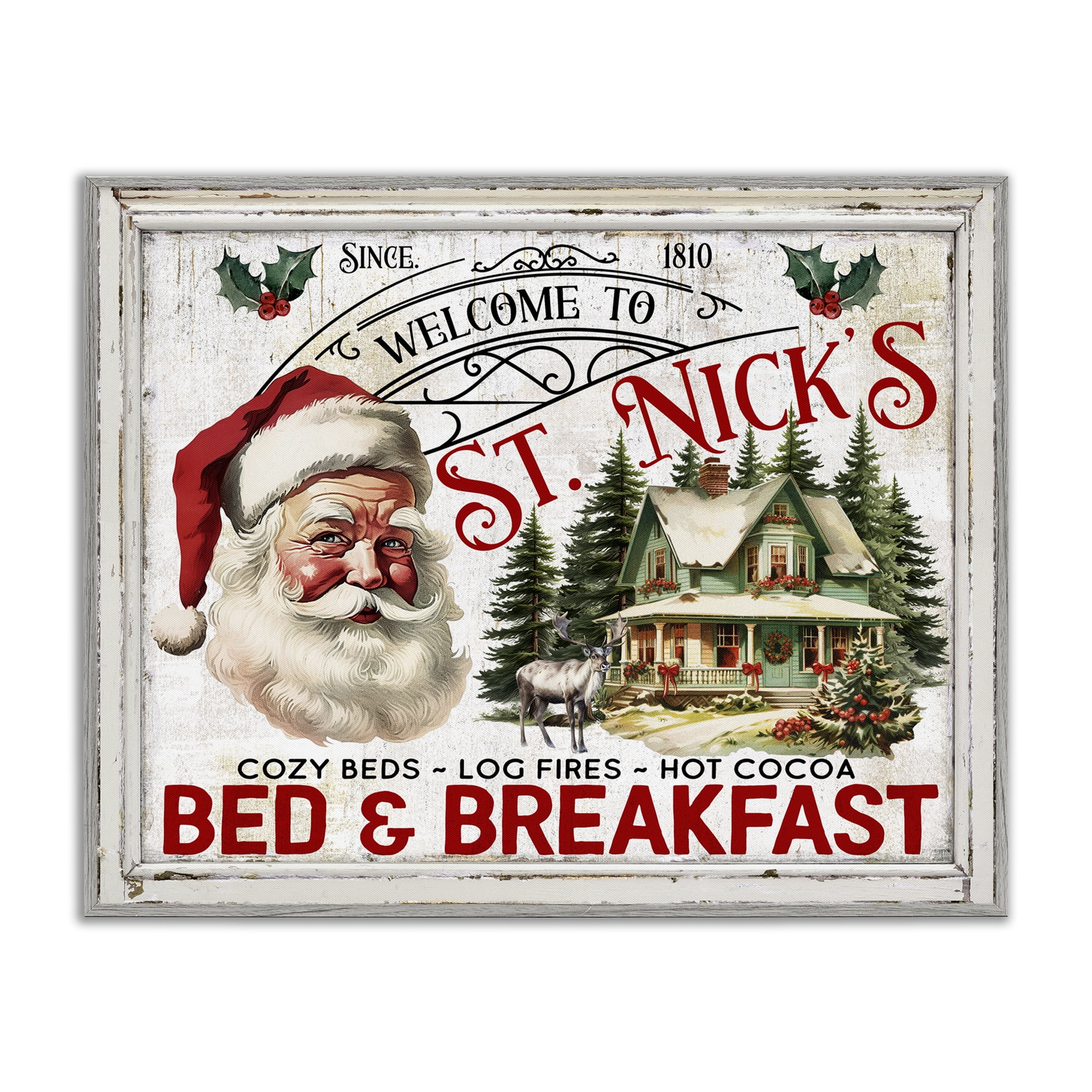 Stupell Industries St Nick's Bed & Breakfast Holiday Painting Gray Framed Art Prints Wall Art, 14 x 11