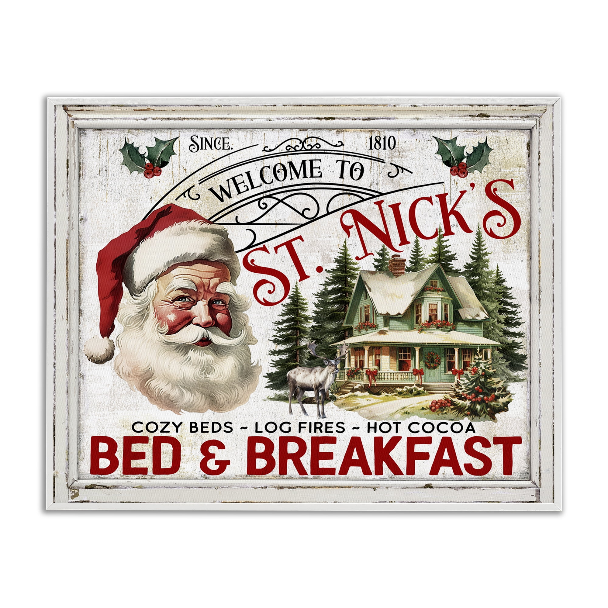 Stupell Industries St Nick's Bed & Breakfast Holiday Painting White Framed Art Prints Wall Art, 30 x 24