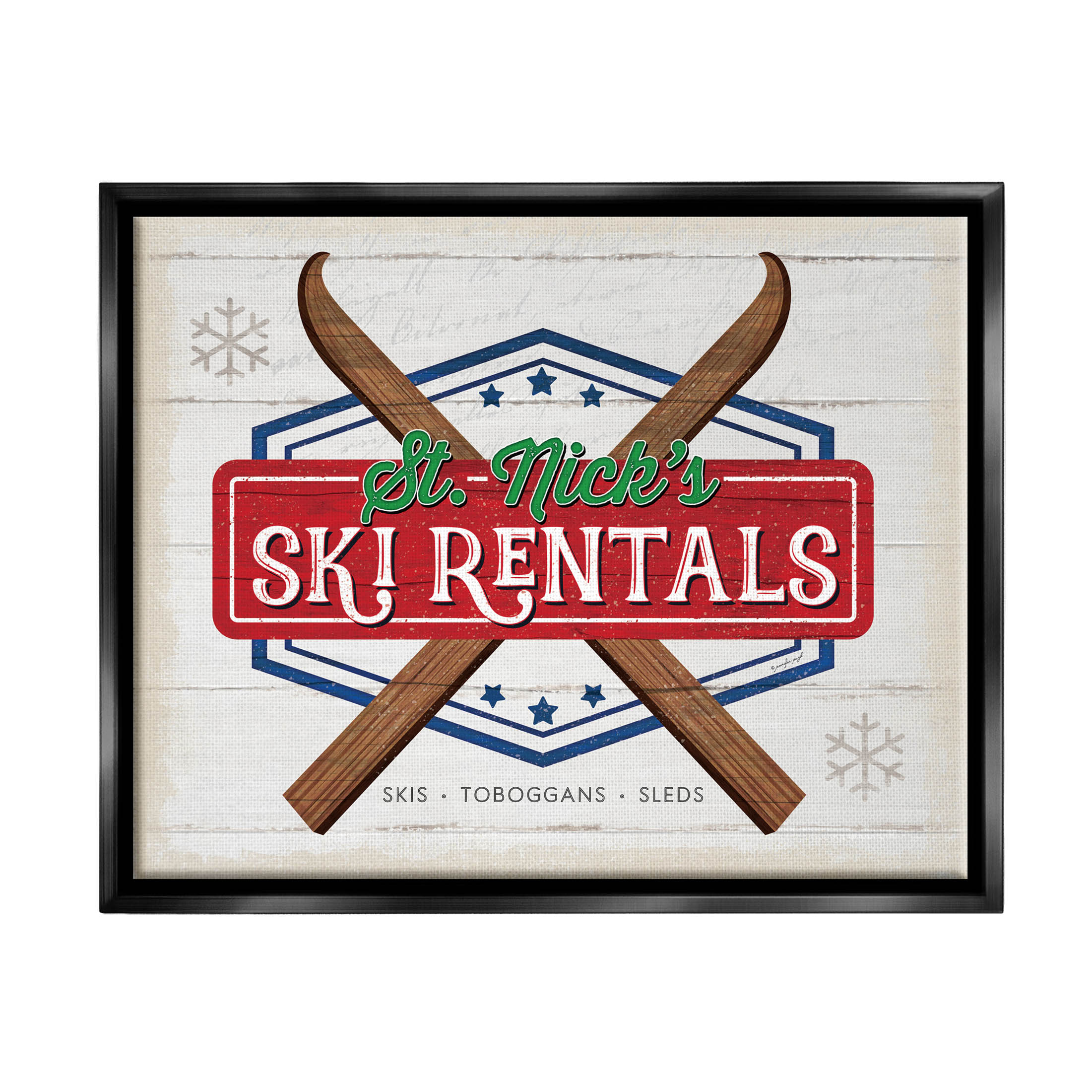 Stupell Industries St. Nick's Ski Rentals Vintage Graphic Art Jet Black Floating Framed Canvas Print Wall Art, Design by Jennifer Pugh