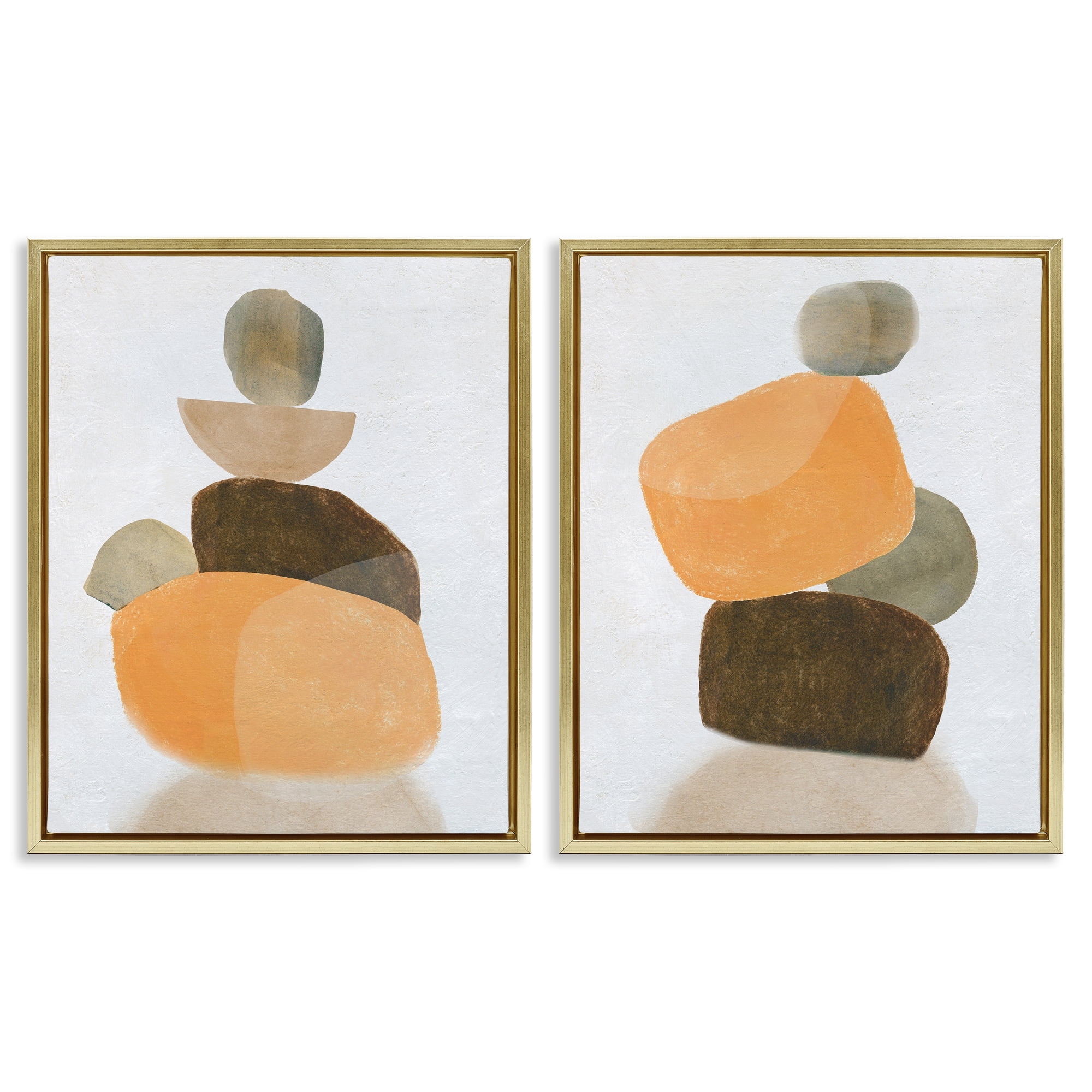Stupell Industries Stacked Abstract Pebbles Abstract Painting Gold Floater Framed Canvas Art Print Wall Art, 17 x 21, Set of 2