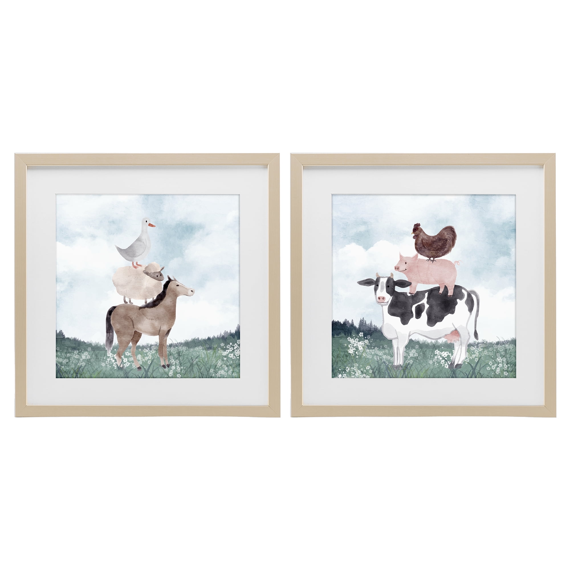 Stupell Industries Stacked Animals Blue Sky Farm 2 Piece Birch Framed Print Under Glass Set, design by Kim Allen