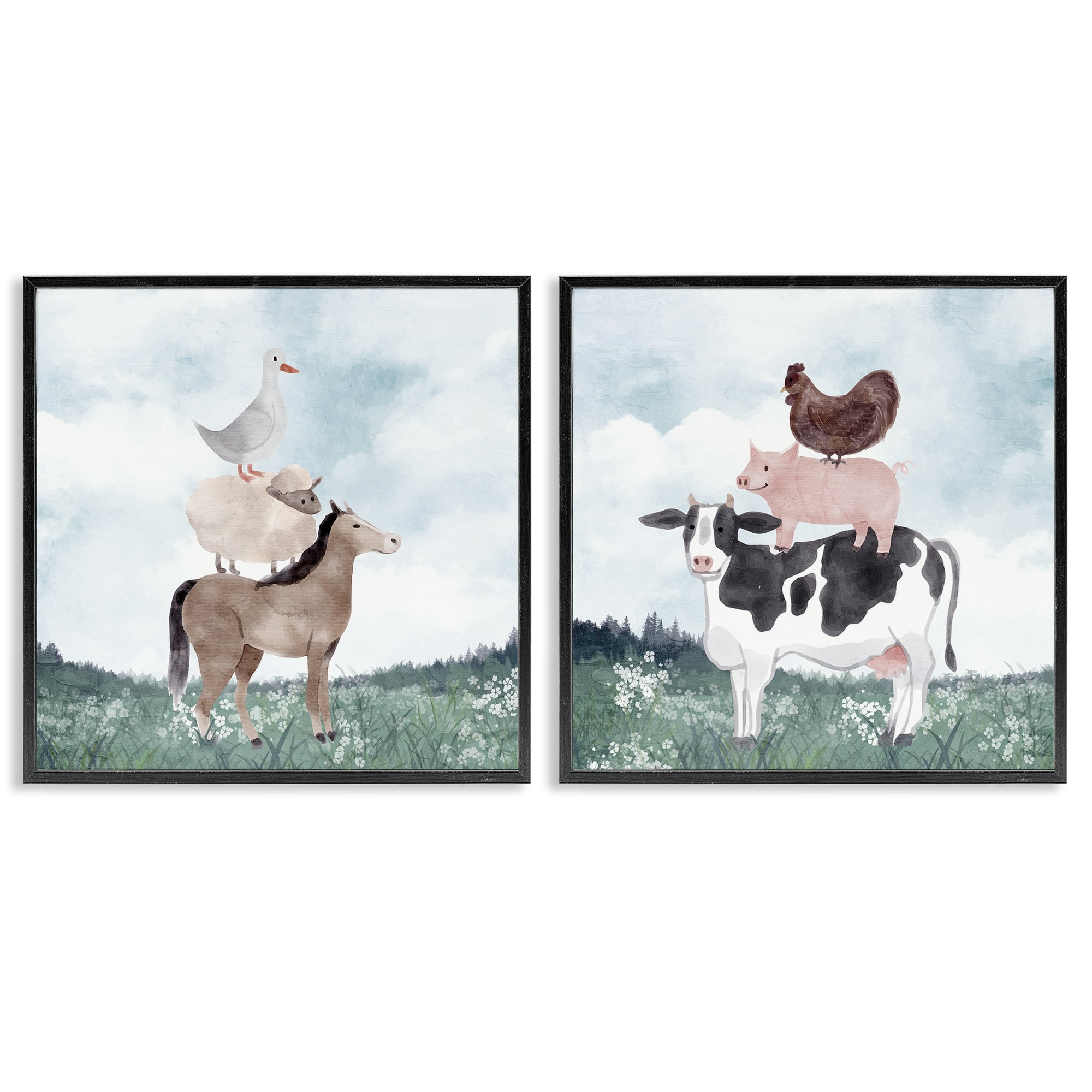 Stupell Industries Stacked Animals Blue Sky Farm 2 Piece Black Framed Giclee Art Set, design by Kim Allen