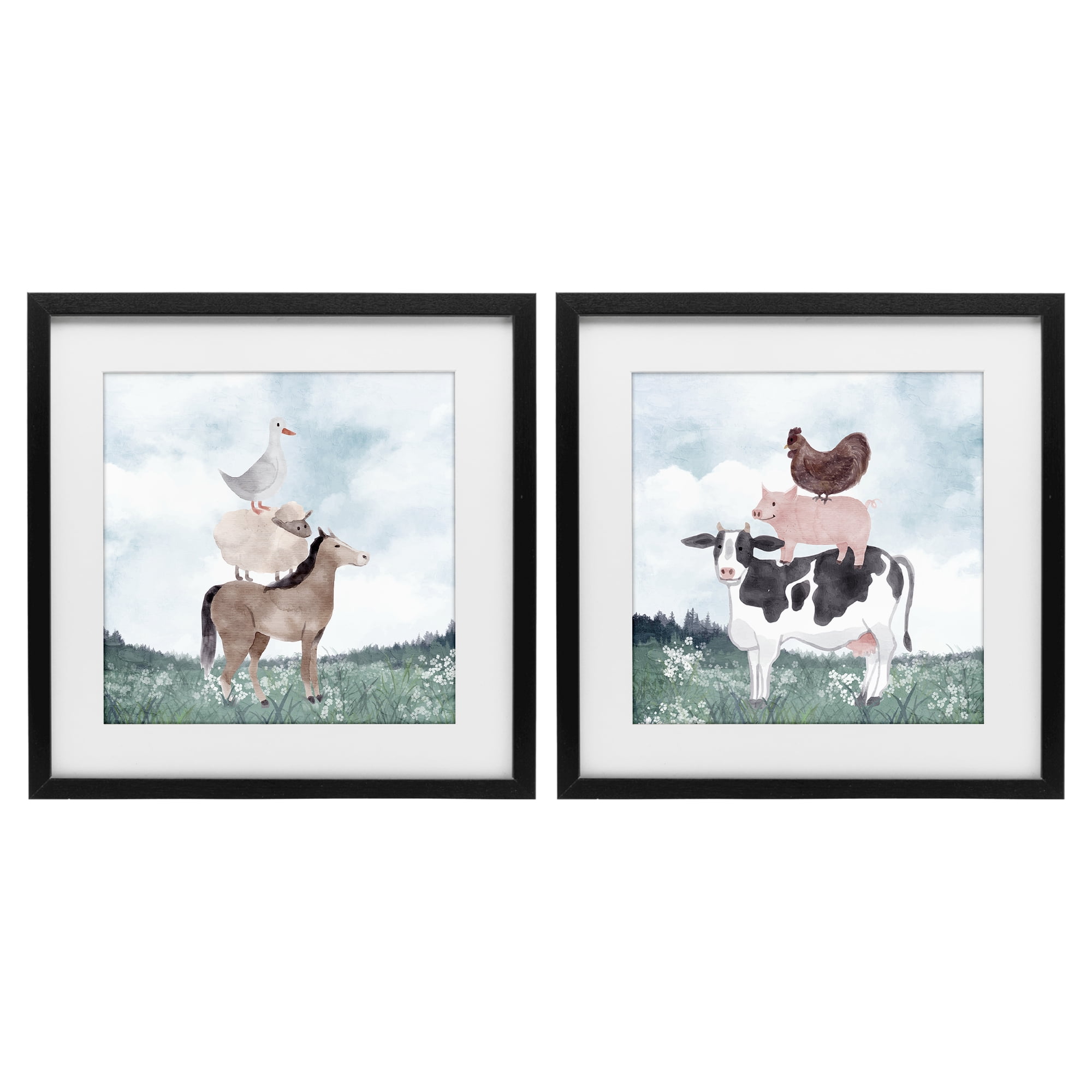 Stupell Industries Stacked Animals Blue Sky Farm 2 Piece Black Framed Print Under Glass Set, design by Kim Allen