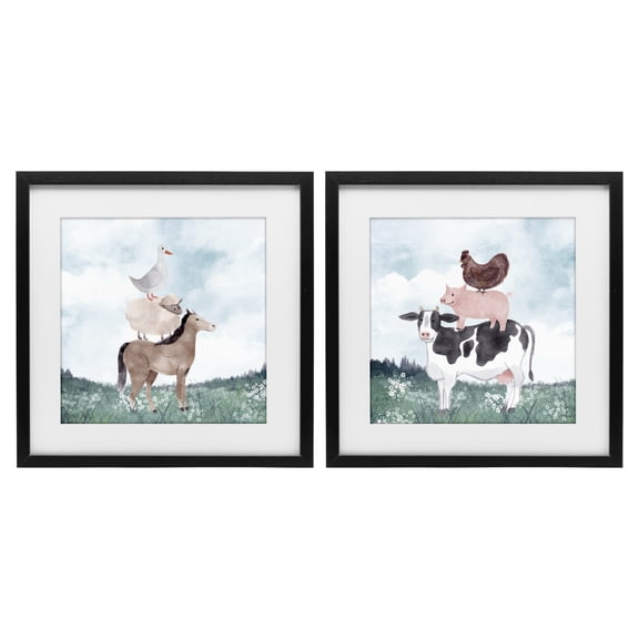 Stupell Industries Stacked Animals Blue Sky Farm 2 Piece Black Framed Print Under Glass Set, design by Kim Allen
