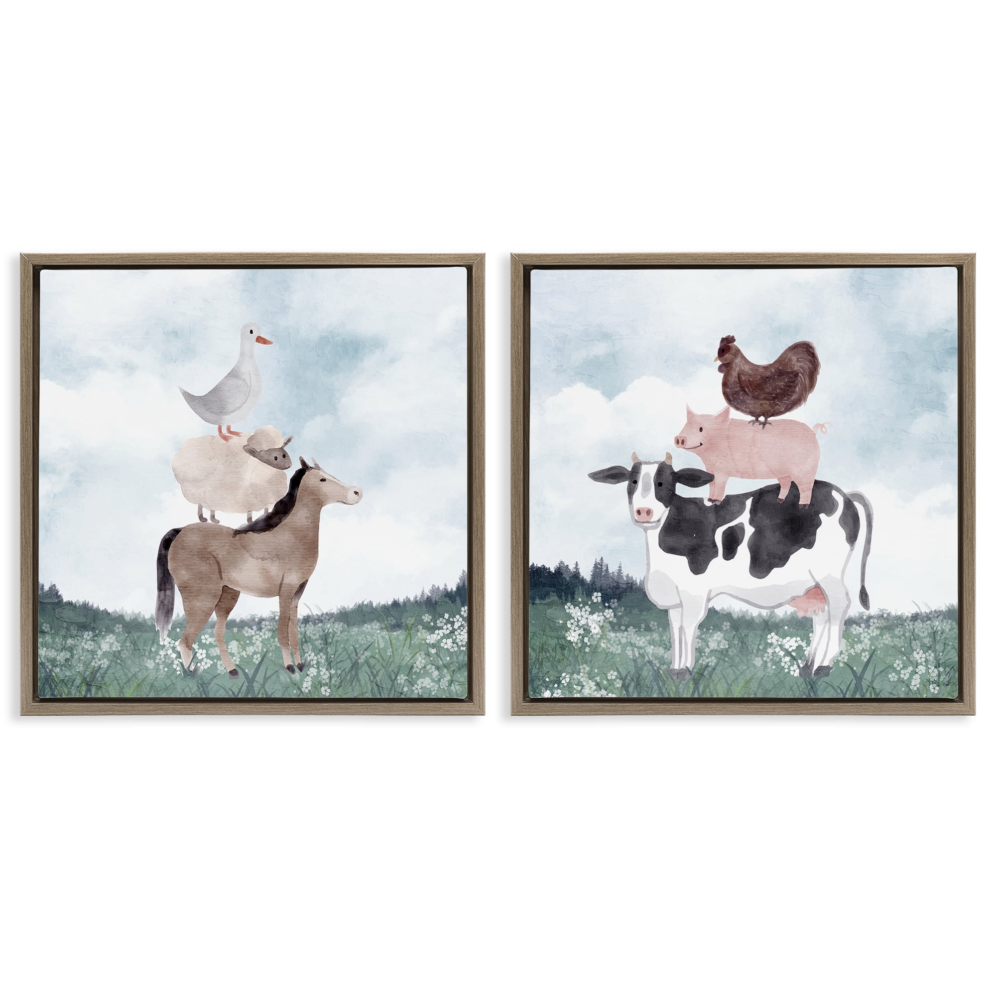 Stupell Industries Stacked Animals Blue Sky Farm 2 Piece Brown Framed Floater Canvas Set, design by Kim Allen