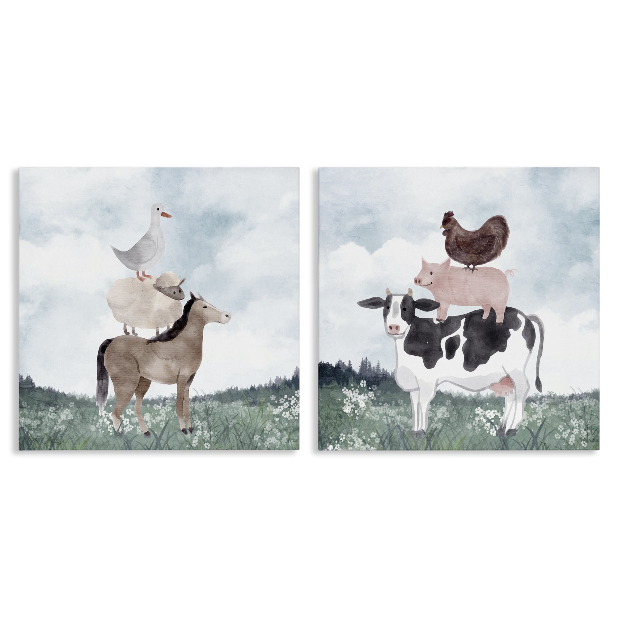 Stupell Industries Stacked Animals Blue Sky Farm 2 Piece Canvas Wall Art Set, design by Kim Allen