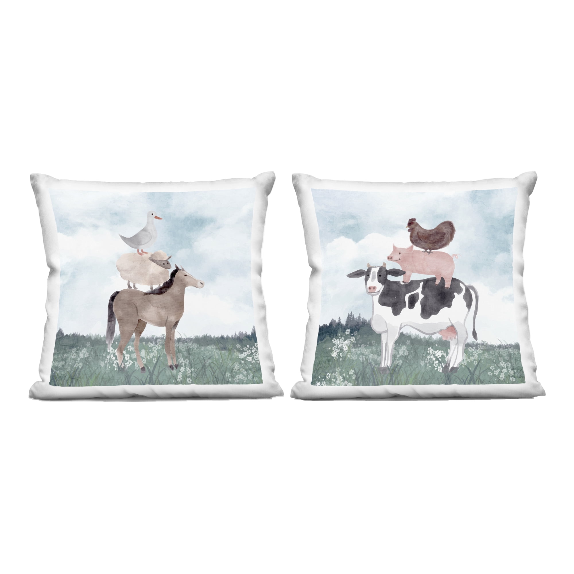 Stupell Industries Stacked Animals Blue Sky Farm 2 Piece Decorative Printed Throw Pillow Set, design by Kim Allen, 18 x 7 x 18