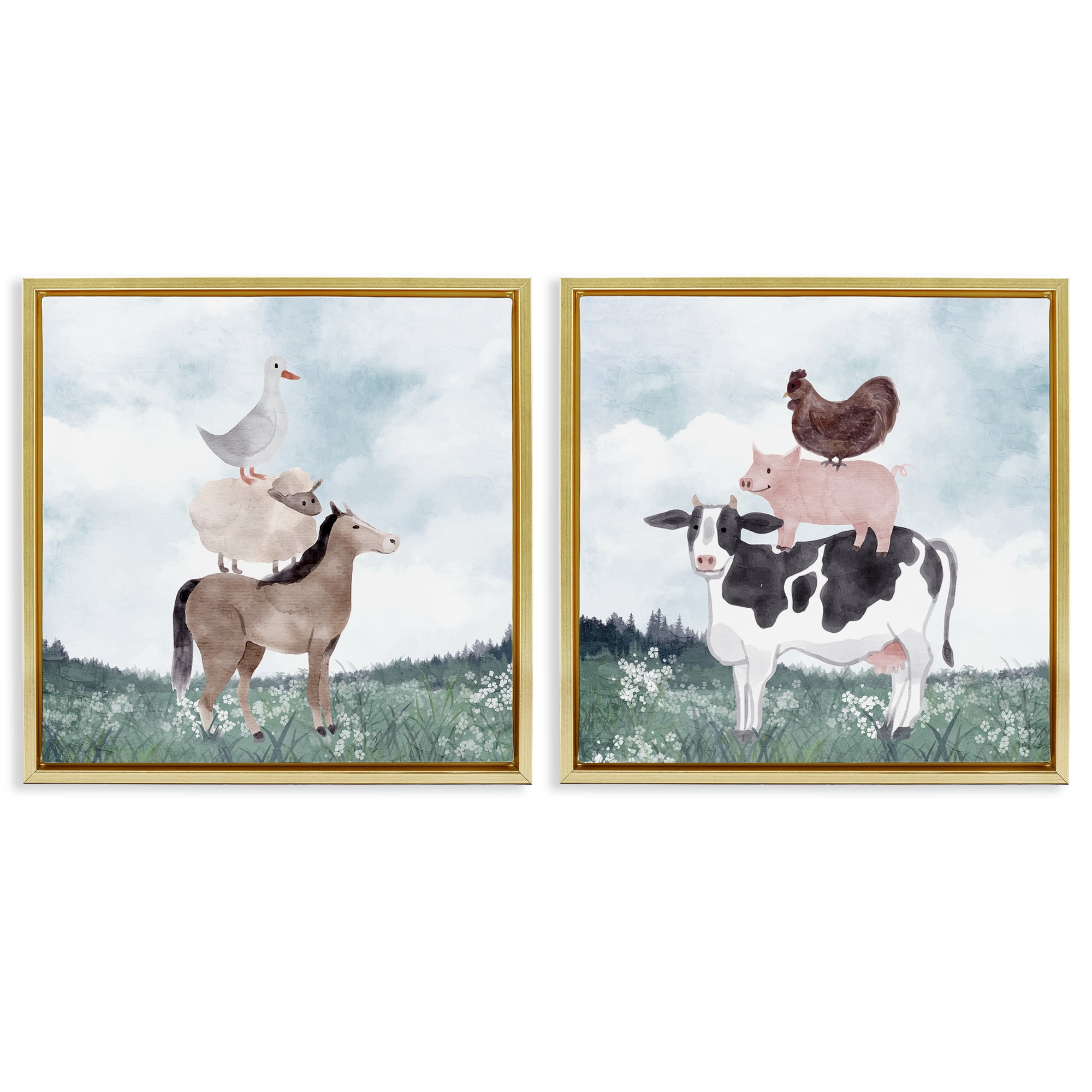 Stupell Industries Stacked Animals Blue Sky Farm 2 Piece Gold Framed Floater Canvas Set, design by Kim Allen