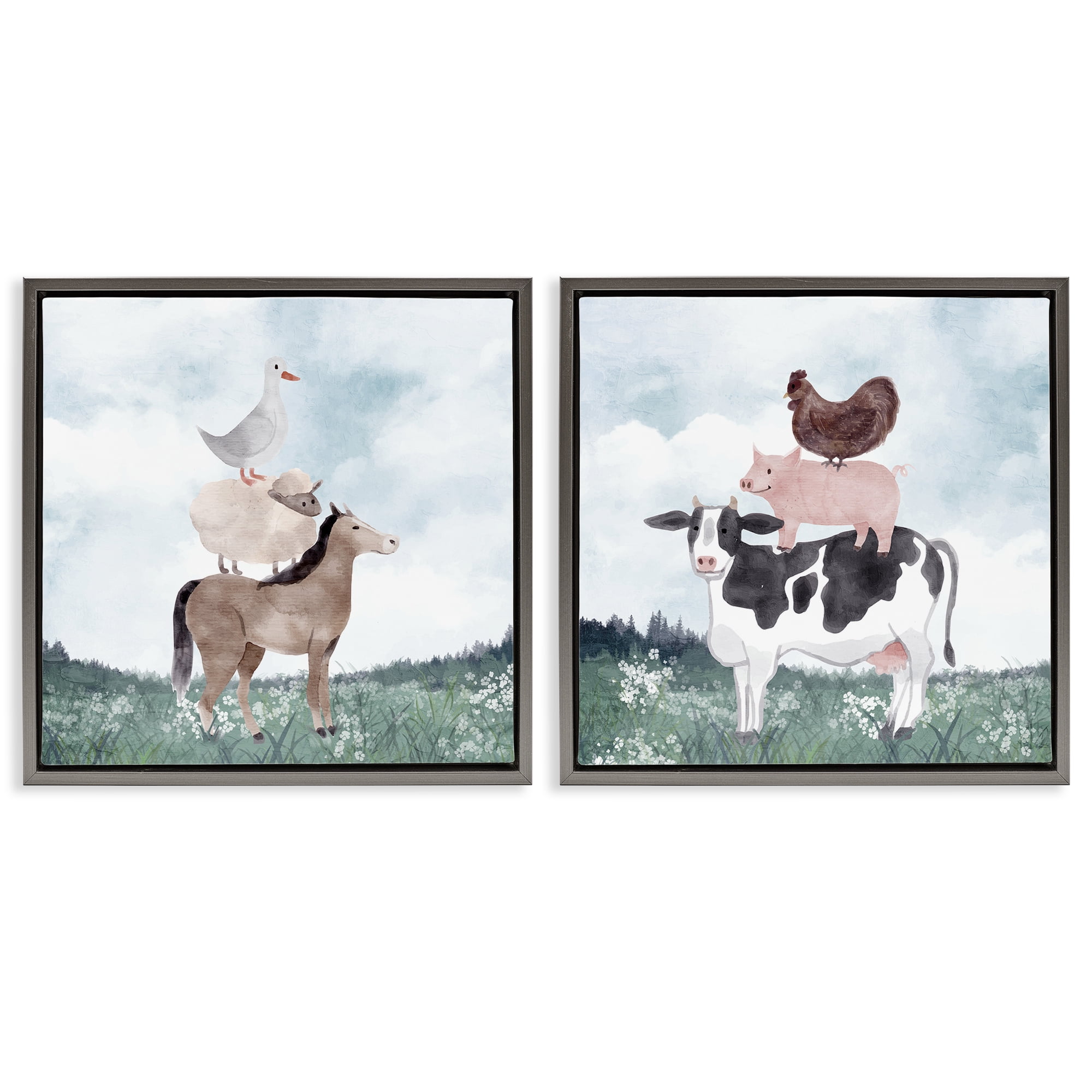 Stupell Industries Stacked Animals Blue Sky Farm 2 Piece Gray Framed Floater Canvas Set, design by Kim Allen