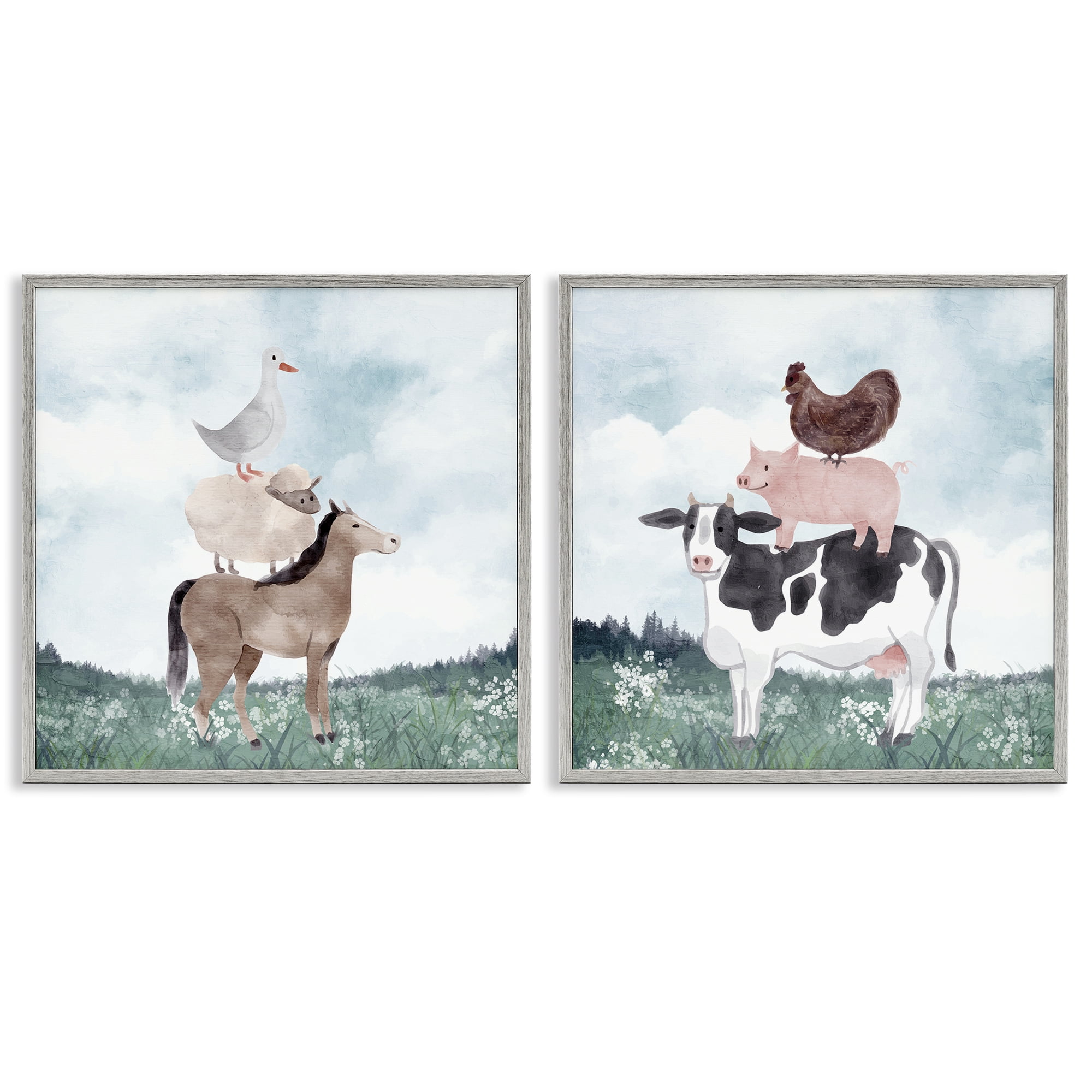 Stupell Industries Stacked Animals Blue Sky Farm 2 Piece Gray Framed Giclee Art Set, design by Kim Allen