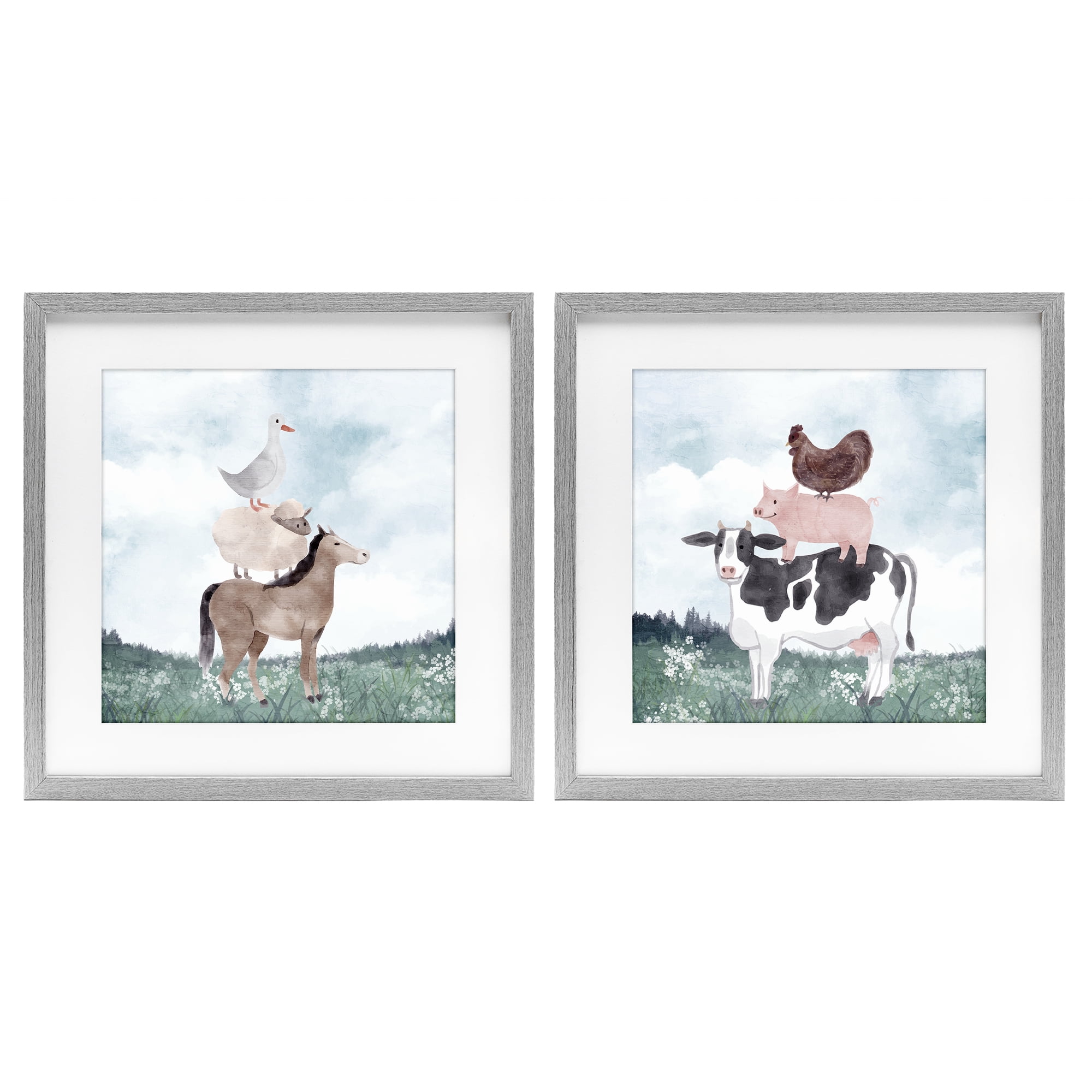 Stupell Industries Stacked Animals Blue Sky Farm 2 Piece Gray Framed Print Under Glass Set, design by Kim Allen