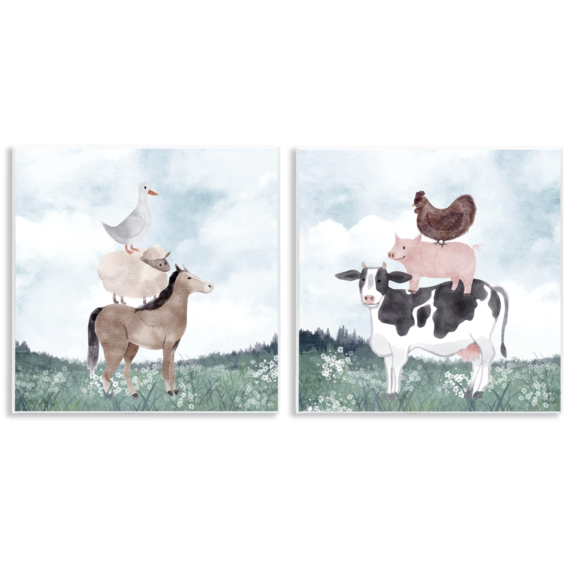 Stupell Industries Stacked Animals Blue Sky Farm 2 Piece Wall Plaque Art Set, design by Kim Allen