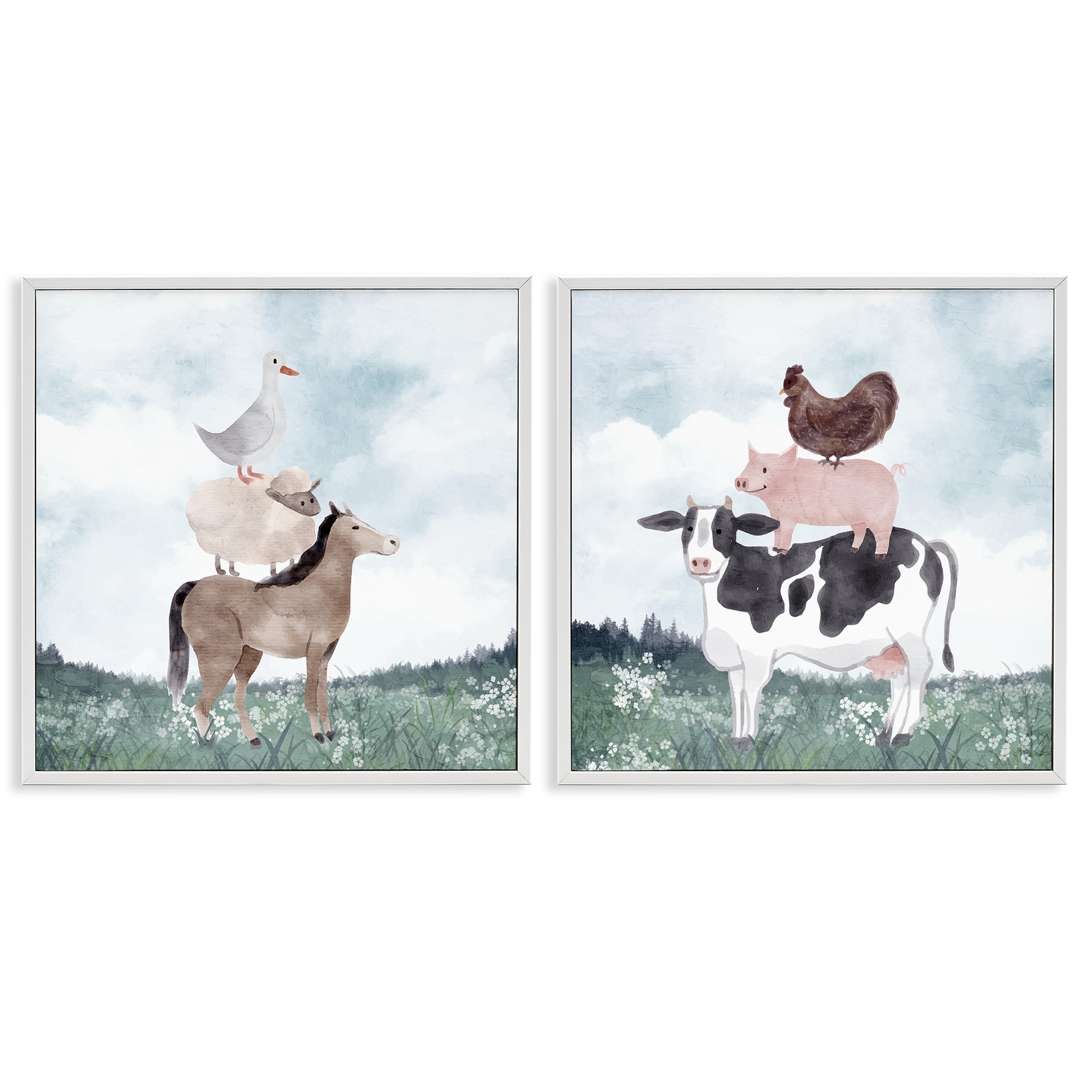 Stupell Industries Stacked Animals Blue Sky Farm 2 Piece White Framed Giclee Art Set, design by Kim Allen