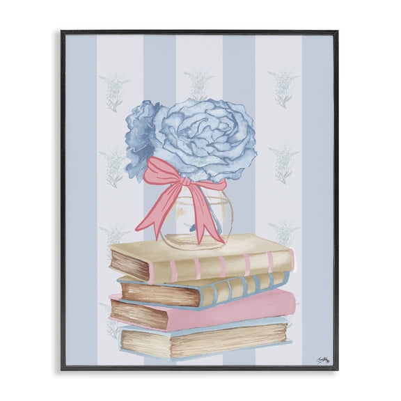 Stupell Industries Stacked Books & Blue Hydrangeas Black Framed Giclee Art, design by Elizabeth Medley
